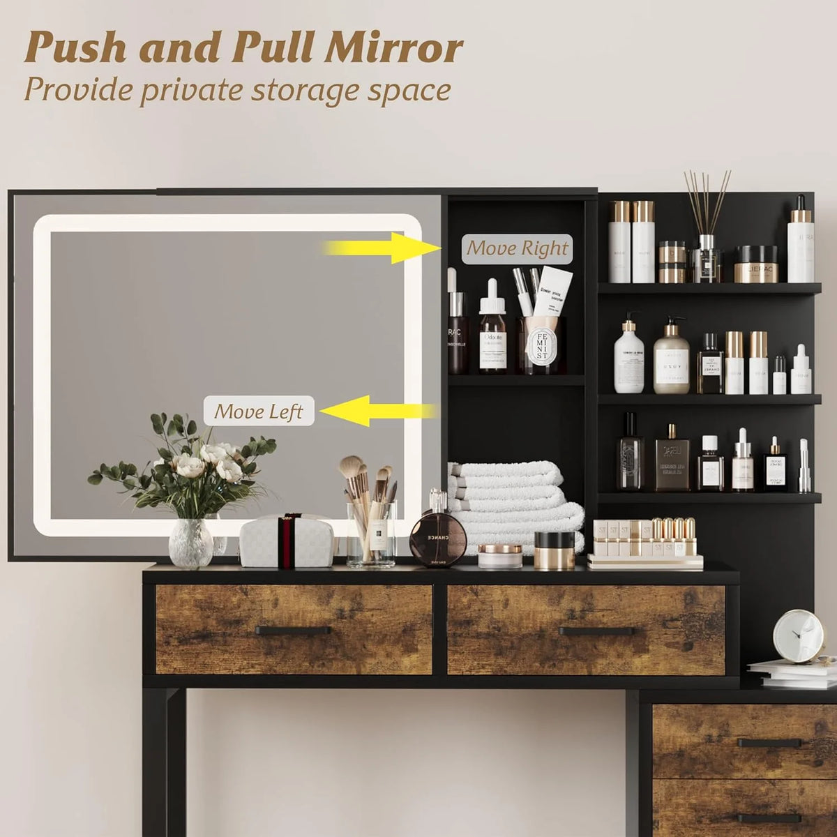 Vanity Desk with Adjustable LED Lighted Sliding Mirror,Makeup Vanity with 5 Drawers&Open Shelves for Bedroom