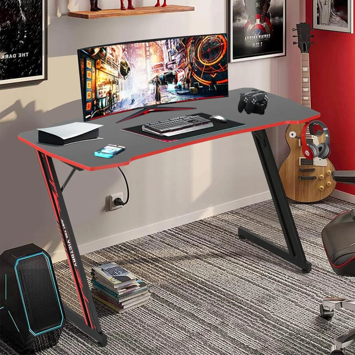 47 inch Z-Shaped Gaming Desk Computer Desk, Ergonomic Writing Office Desk Racing Style PC Gaming Table Workstation with Headphone Hook for Game Players, Red