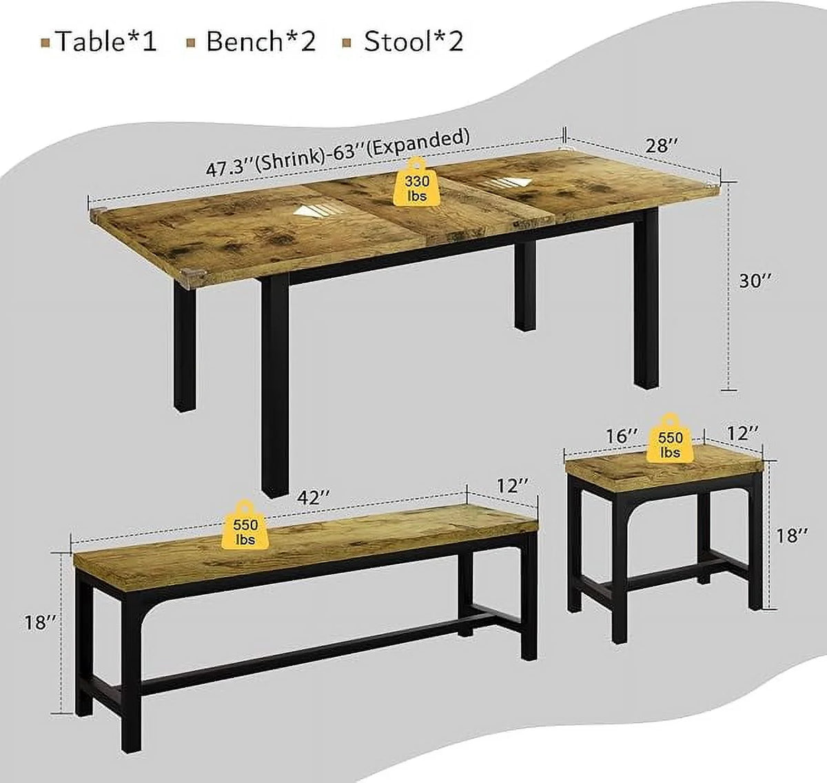 iPormis 5-Piece Dining Table Set for 4-8 People, Extendable Kitchen Table Set with 2 Benches and 2 Square Stools, Black