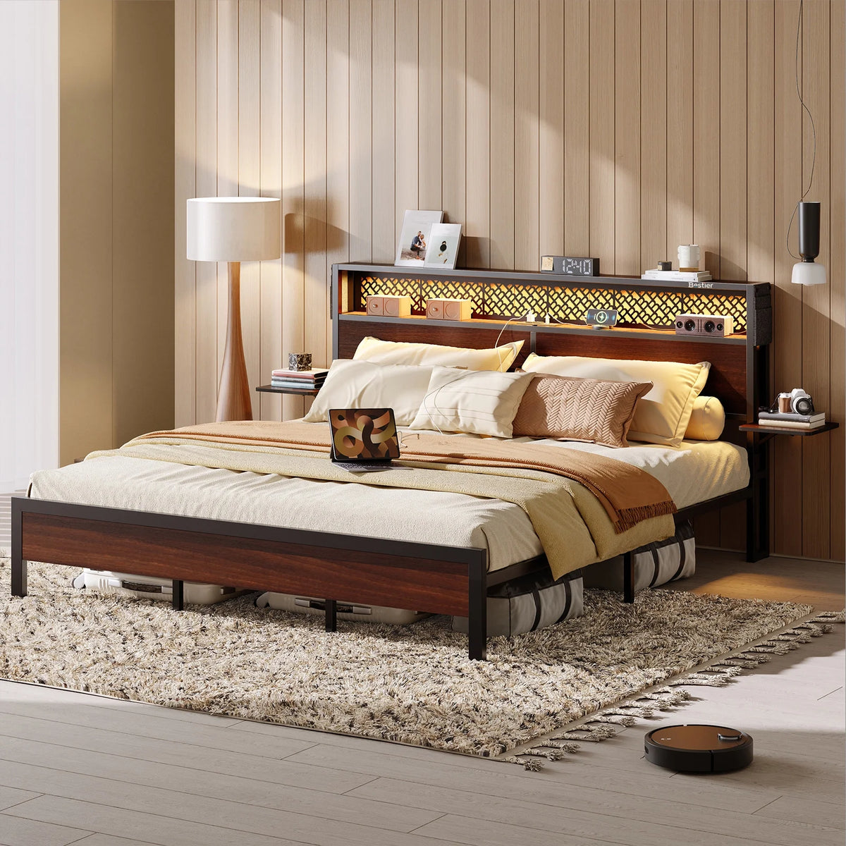Bestier Queen Size Platform Bed Frame with Wood Foldable Bedside Shelves and LED Storage Headboard Charge Station, Gray