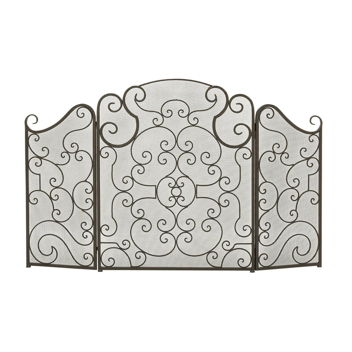 DecMode Black Traditional Metal 3 Panel Foldable Fireplace Screen with Mesh Netting and Scroll Pattens, 52"W x 35"H