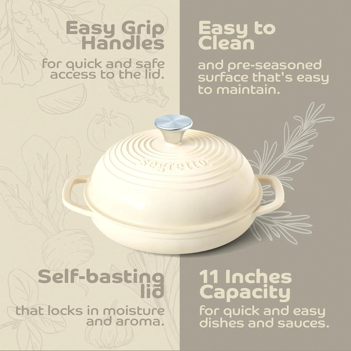 Segretto Cookware 11" Enameled Cast Iron Dutch Oven for Bread, Bread Maker Pan with Lid, Red
