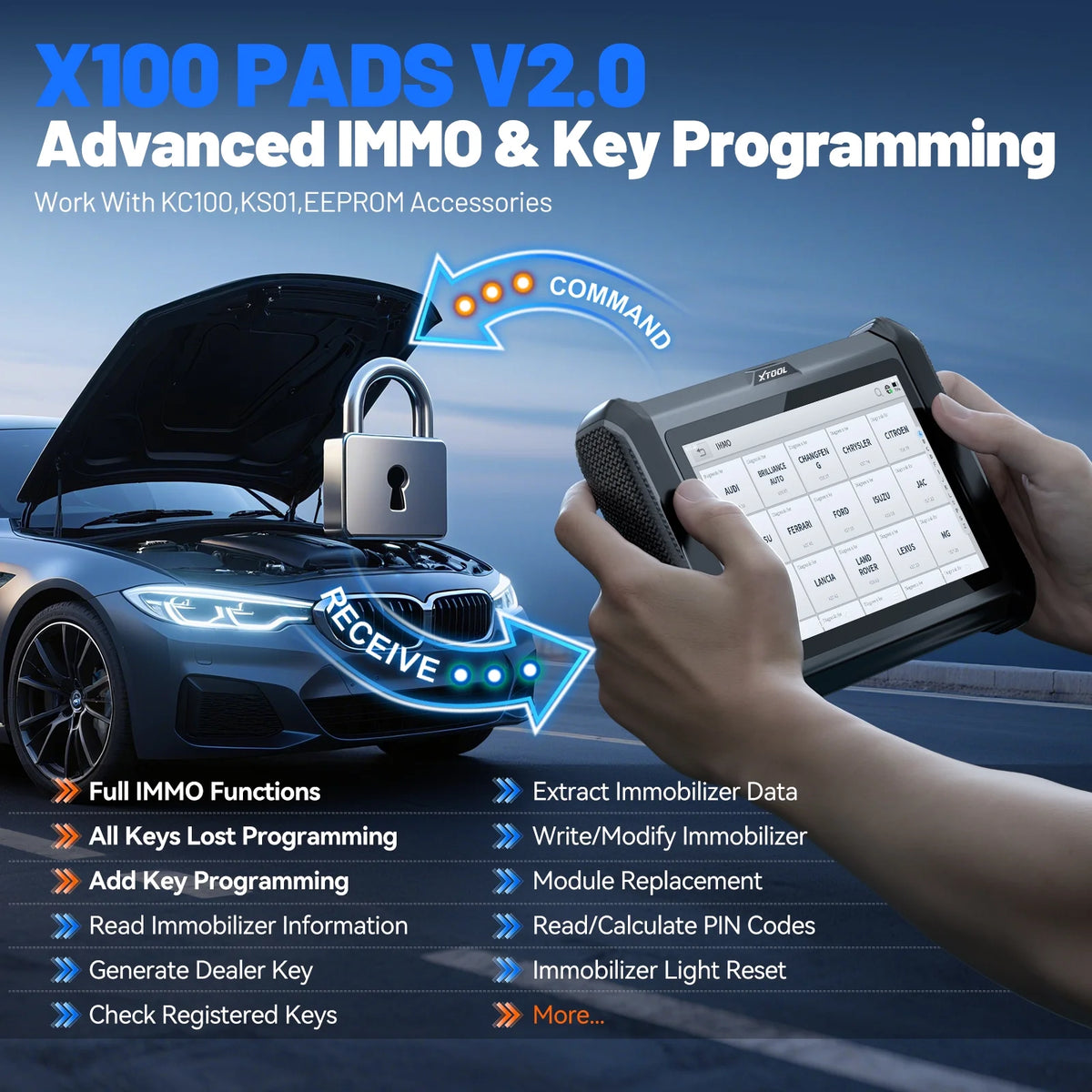 XTOOL X100 Pads Auto Key Fob Programmer Full System OBD2 Scanner 32+ Reset Functions IMMO EEPROM Adapter