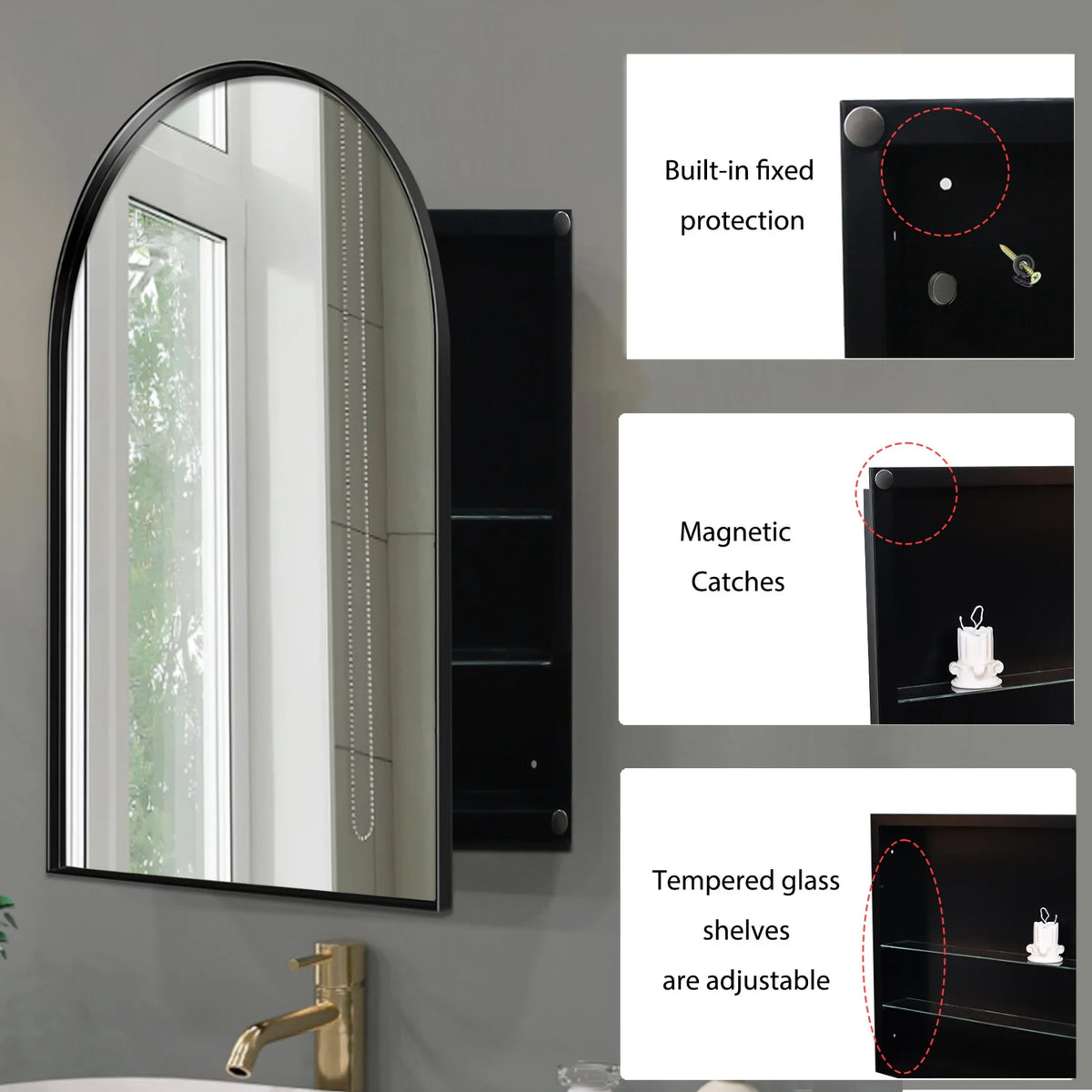 16x24 Inch Bathroom Mirror Cabinet with Adjustable Glass Shelves, Recessed Metal Framed Medicine Cabinet for Storage, Matte Gold
