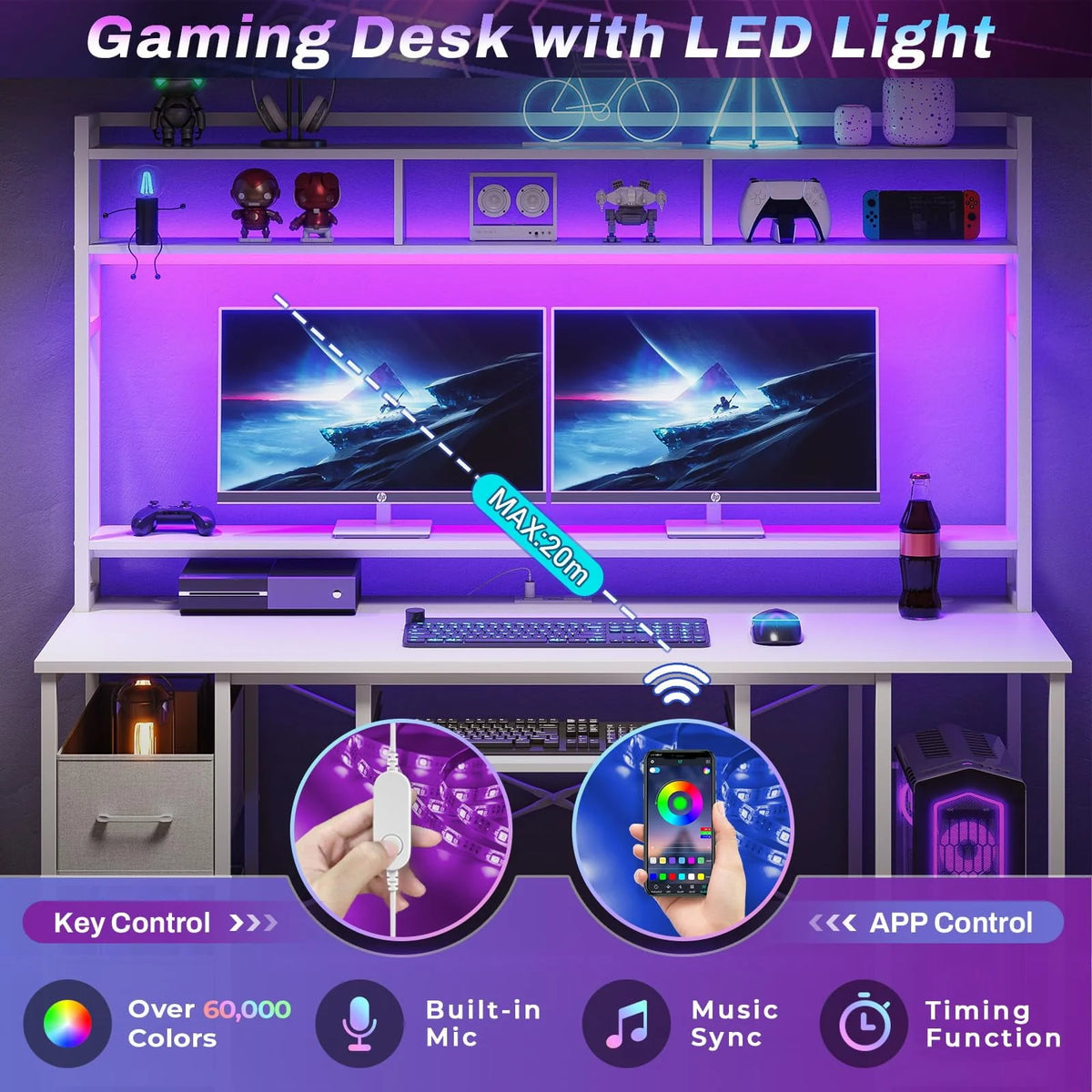 55" Computer Desk with Drawer&Power Outlet, Industrial Home Office Table Gaming Desk PC Study Workstation with Hutch&LED Lights&Adjustable Shelves,White