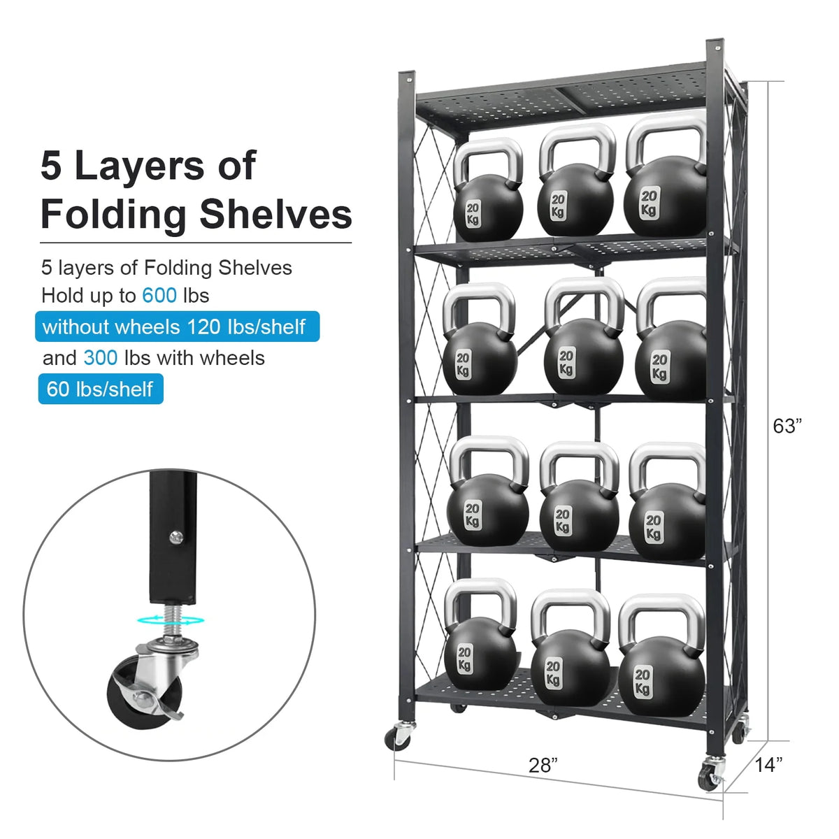 Vebreda 5 Tier Storage Shelves Foldable Metal Shelving Units Storage Racks with Lockable Wheels, Black