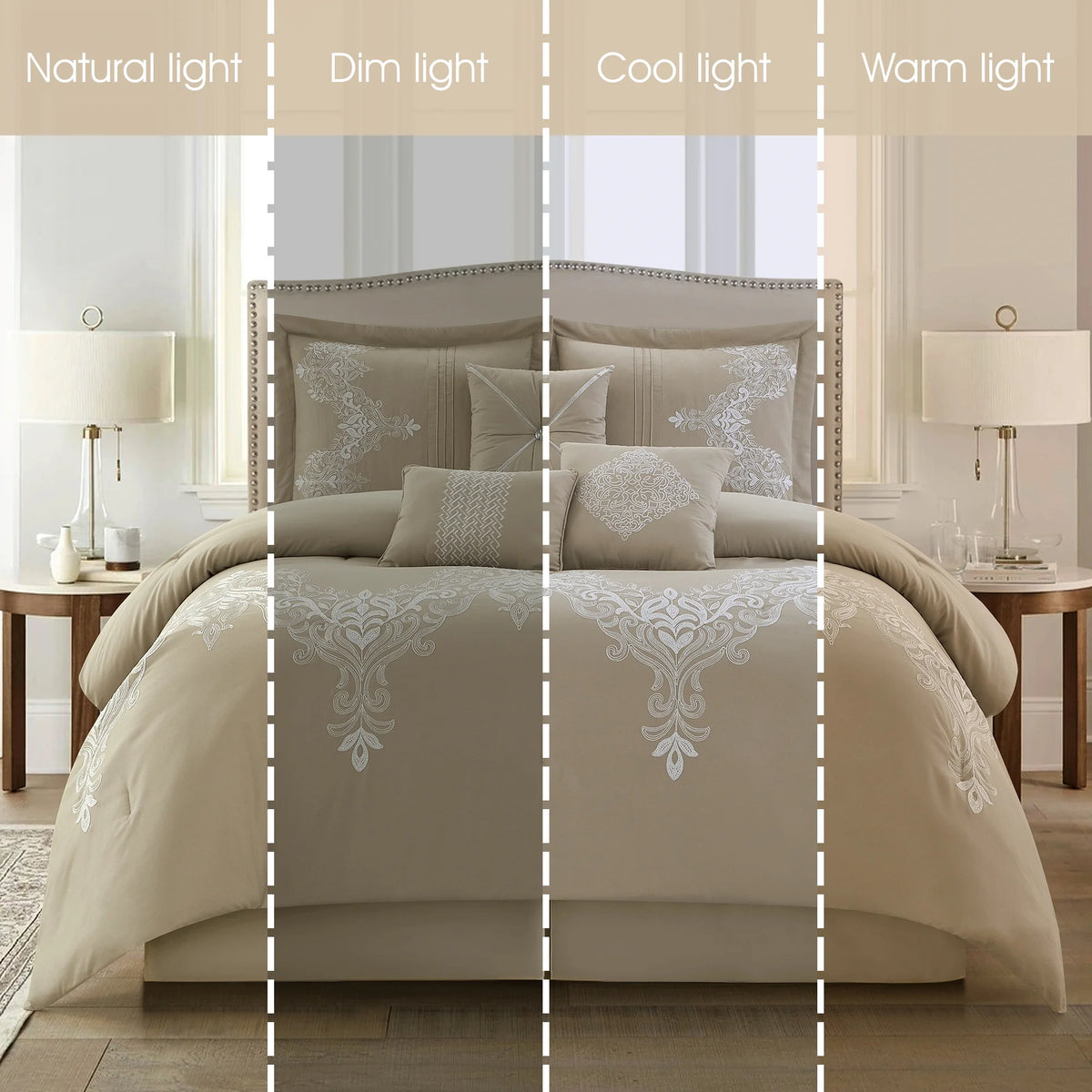 Lanco Taupe Damask Patchwork Queen Size Comforter Set, 7 Piece, Chain Stitching Embroidery Ultra Soft, Premium Microfiber, All Season