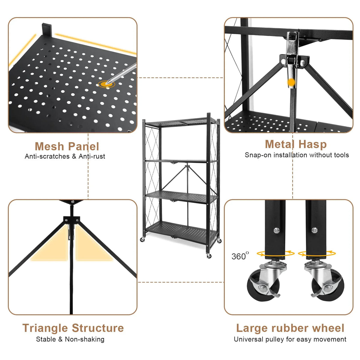 Vebreda 4-Tier Storage Shelf Foldable Metal Shelving Units with Wheels, Black