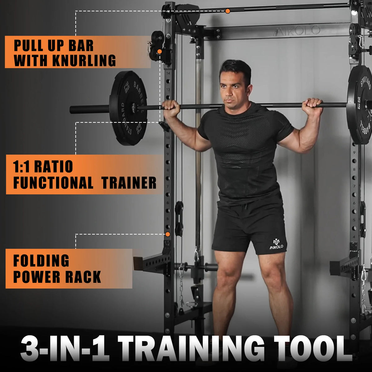 Mikolo Foldable Power Rack Cage,1000lbs Capacity Wall Mounted Squat Rack with independent pulley system, Space Saving Home Gym Equipment with 5 Adjustable Angle