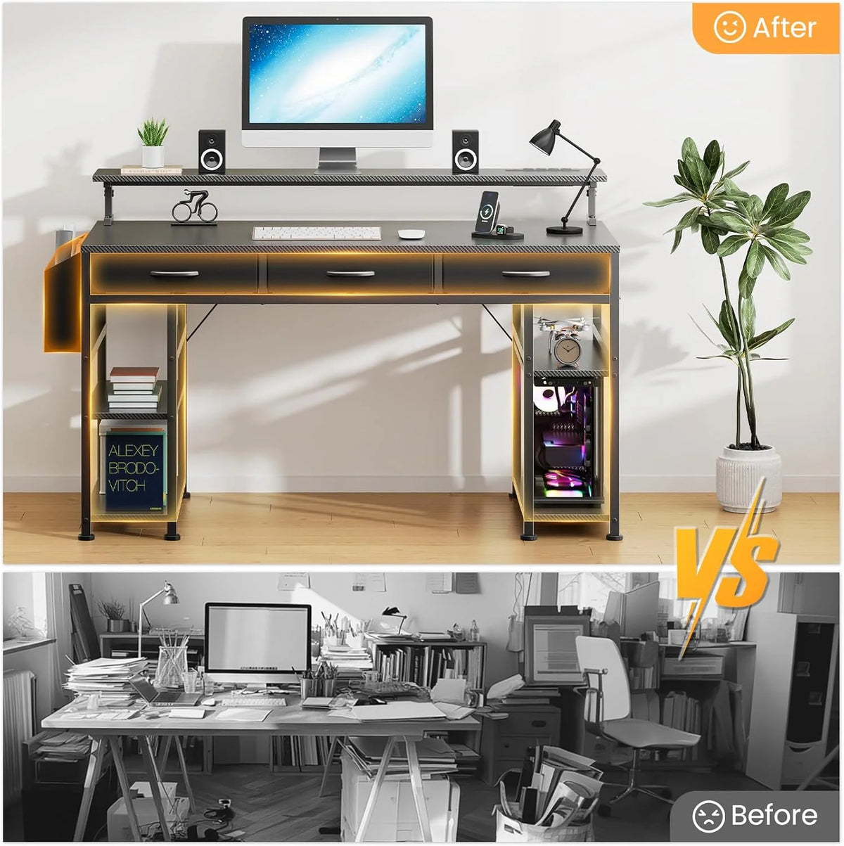 Upgo 55" Gaming Desk with Adjustable Storage Rack & LED Lights, Power Outlets for Adult and Teen