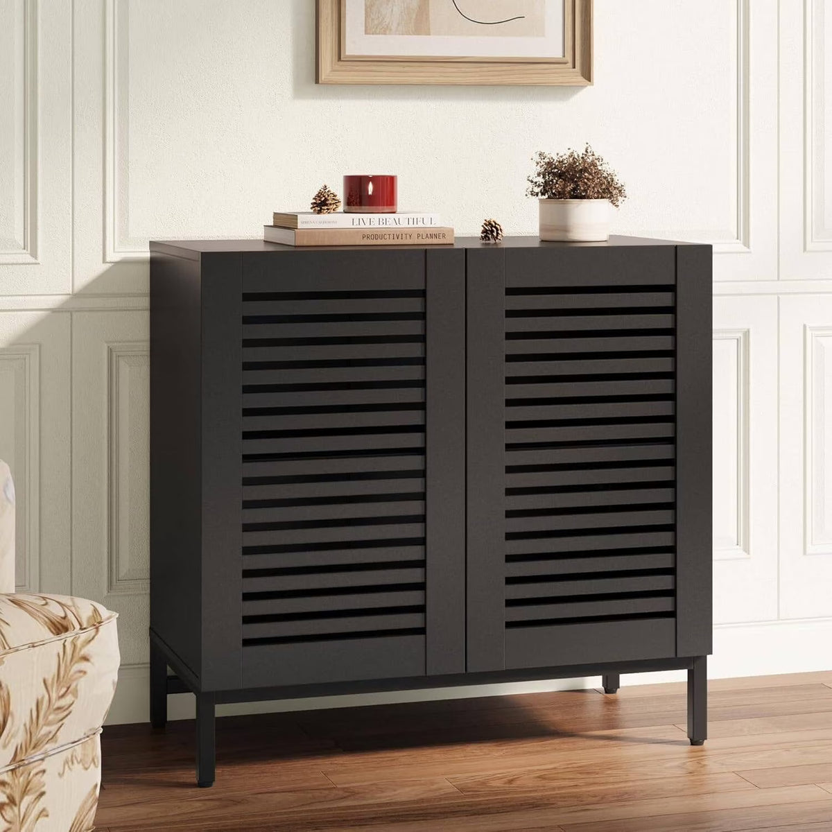 JOMEED Buffet Sideboard Cabinet with Louvered Doors & Adjustable Shelf, Wood Storage Cabinet for Kitchen, Dining Room, Living Room, Entryway Walnut