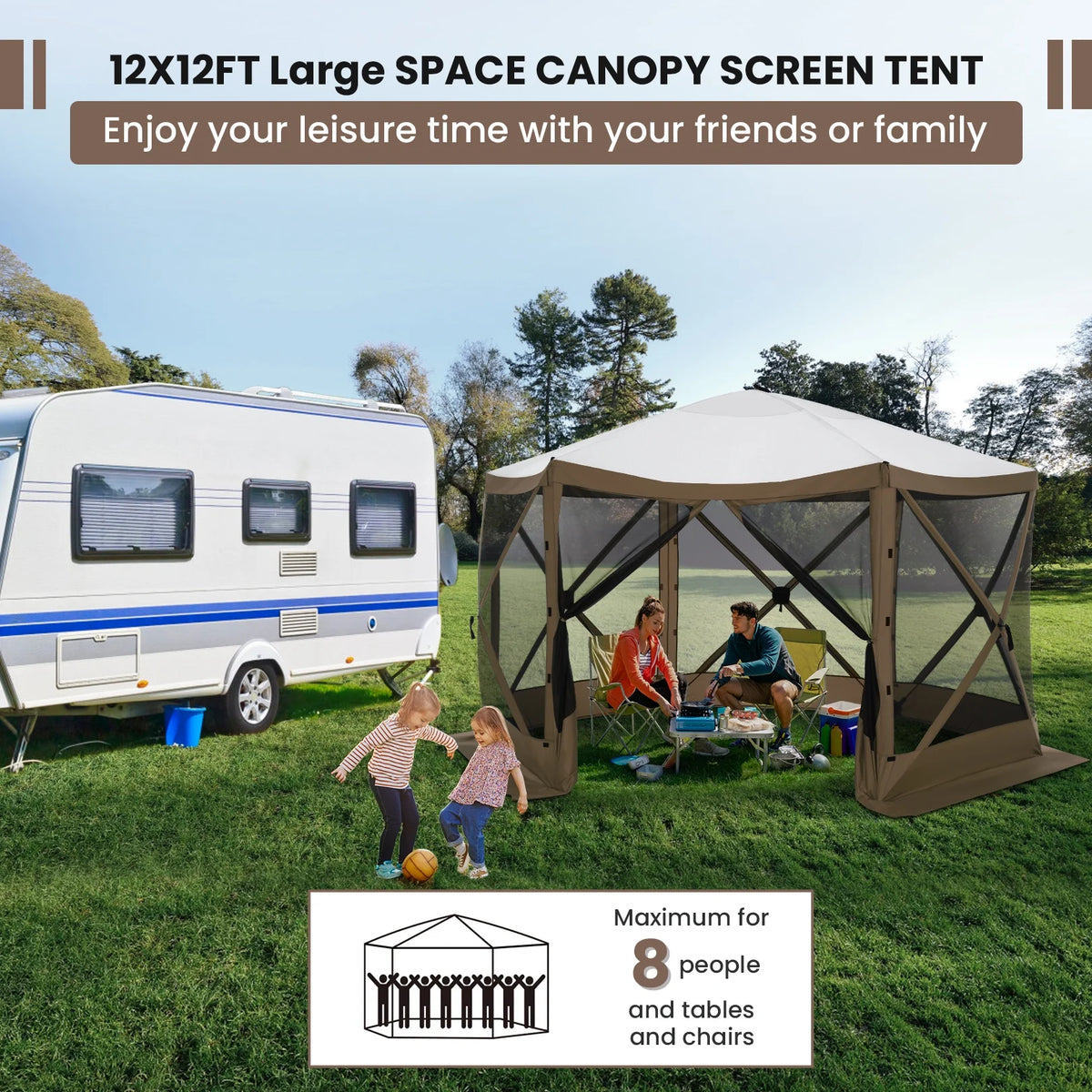 SANOPY 12'x12' Gazebo Outdoor Pop up Gazebo Screen Tent with 6 Sides Mosquito Netting Camping Gazebo Instant Shelter Glamping Tent with Carry bag, Ground Spike, Gray