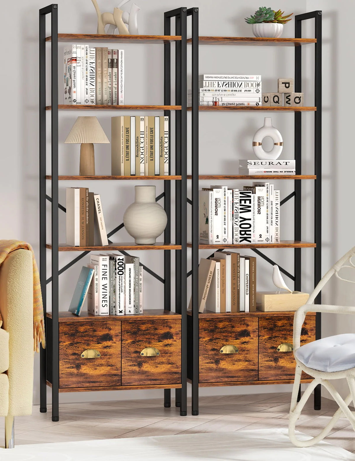BEHOST 6 Shelf Bookcase, 70in Tall Bookshelf with 2 Drawers, set of 1, Rustic Brown