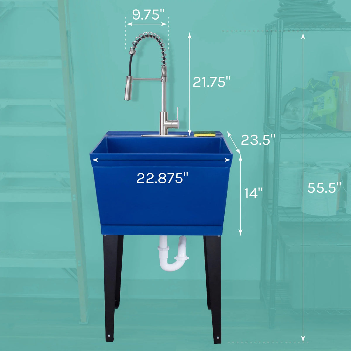 Tehila Blue 19 Gallon Utility Sink with High-Arc Stainless Finish Coil Pull-Down Faucet