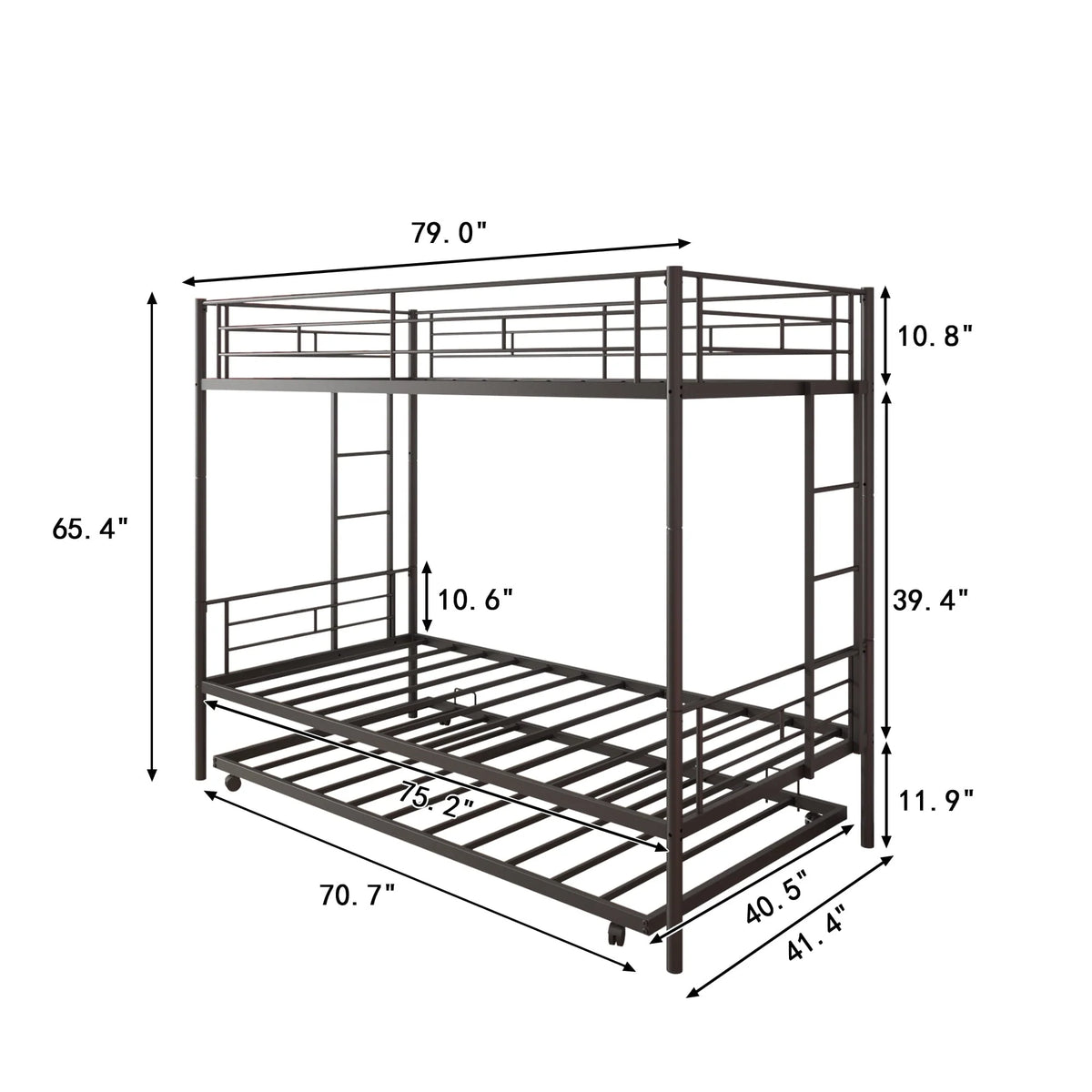 Twin Over Twin Bunk Bed with Trundle, Metal Twin Bed with Safety Guard Rail and Ladders, Space-Saving Design Sleeping Bedroom Bunk Bed for Boys, Girls, Kids, Young Teens and Adults, Easy Assembly, K92