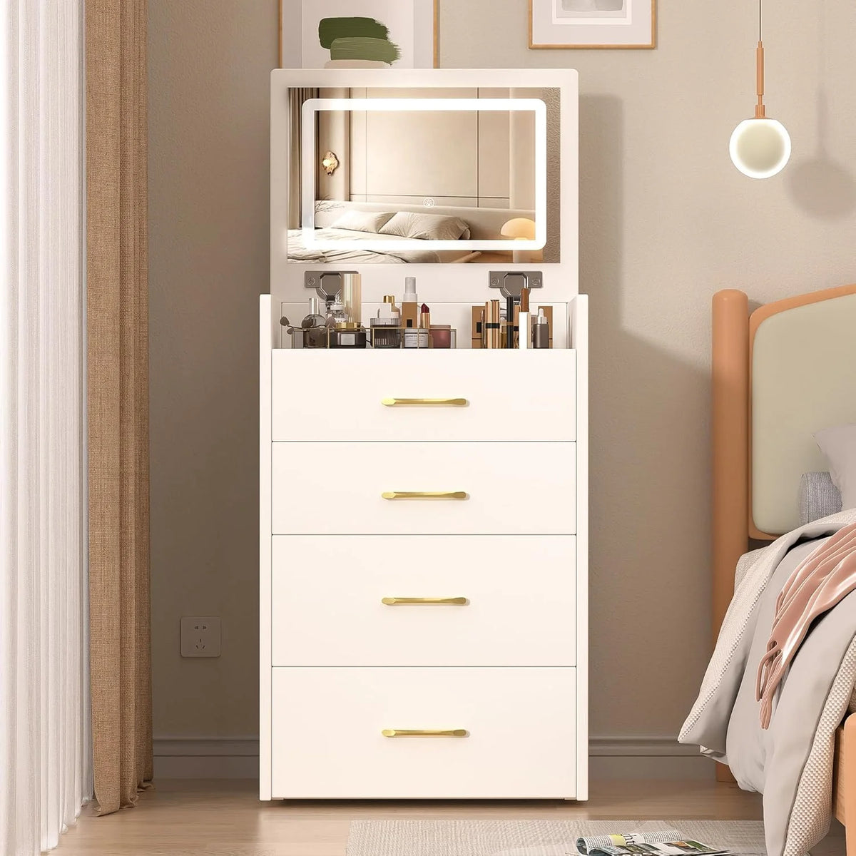 Montary Modern Mini Vanity w/Adjustable LED Mirror + Hidden Storage, Padded Stool & Dustproof Shelves (White)