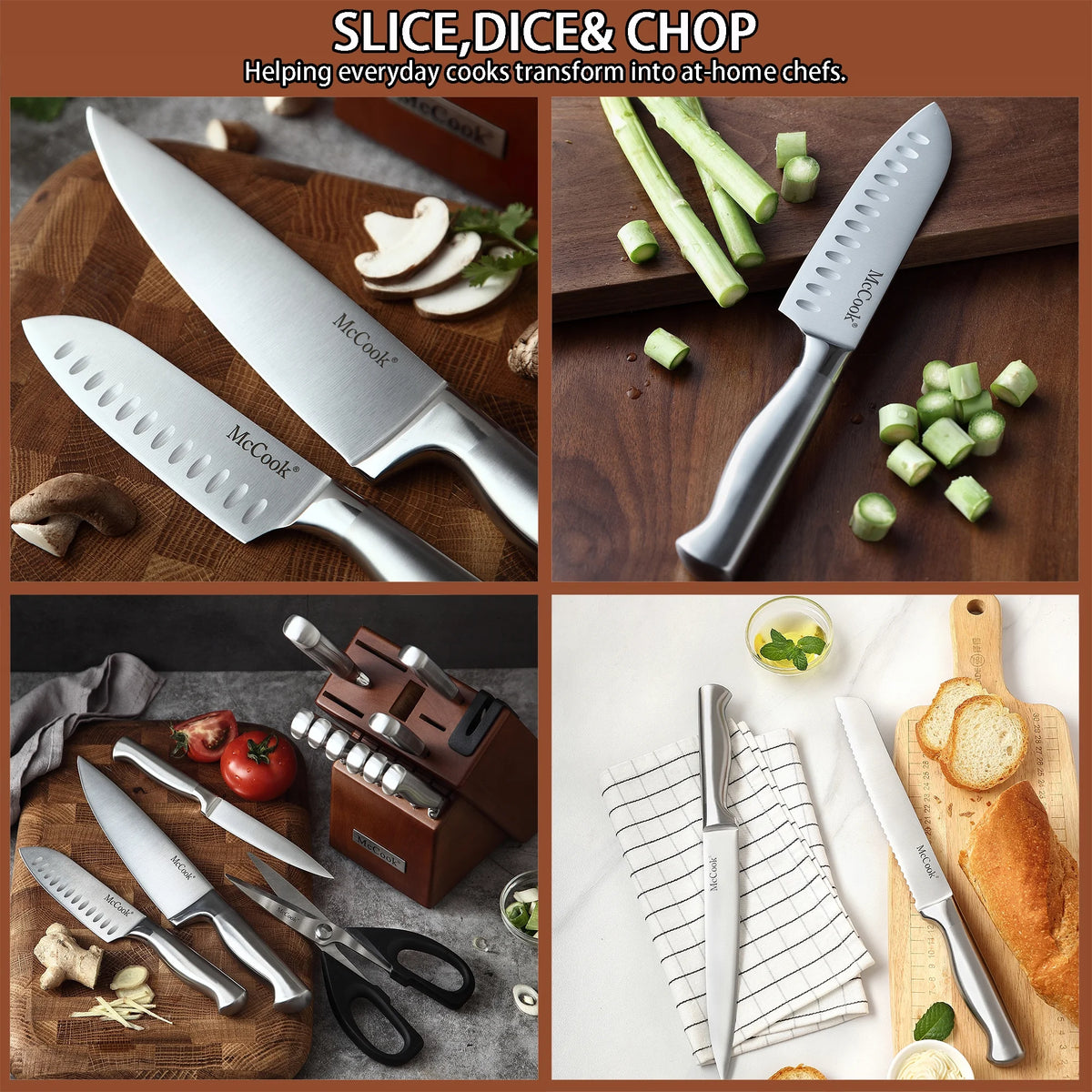 McCook MC29 Knife Sets, 15 Pieces German Stainless Steel Kitchen Knife Block Sets with Built-in Sharpener