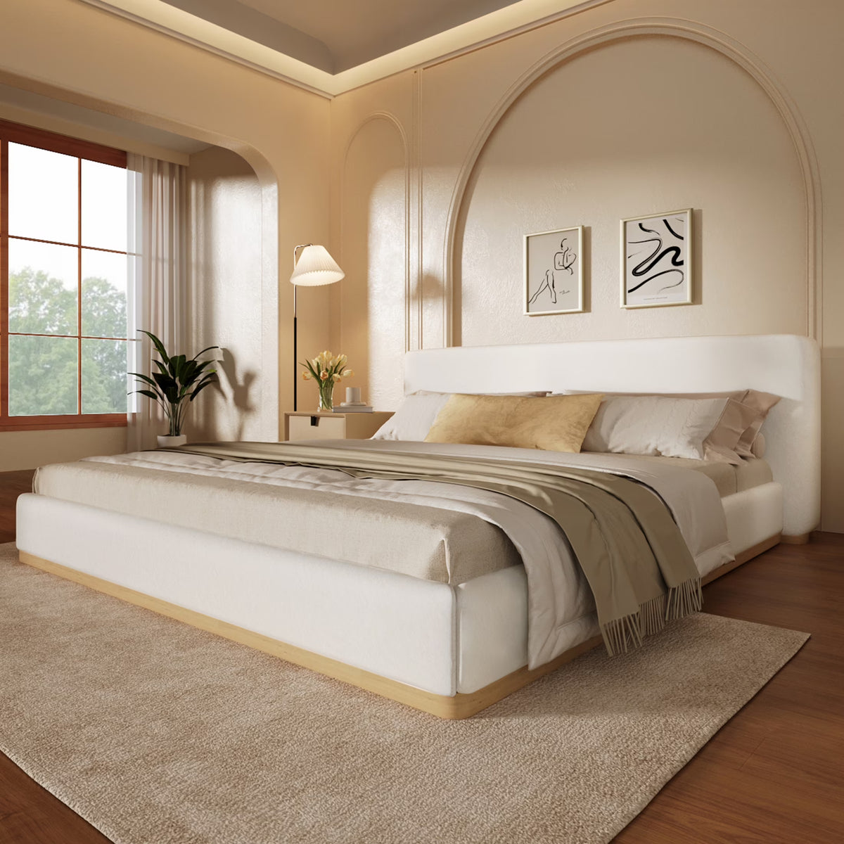 Christopher Knight Home Queen Bed with Velvet Upholstery, Solid Wood Platform, Padded Headboard, White