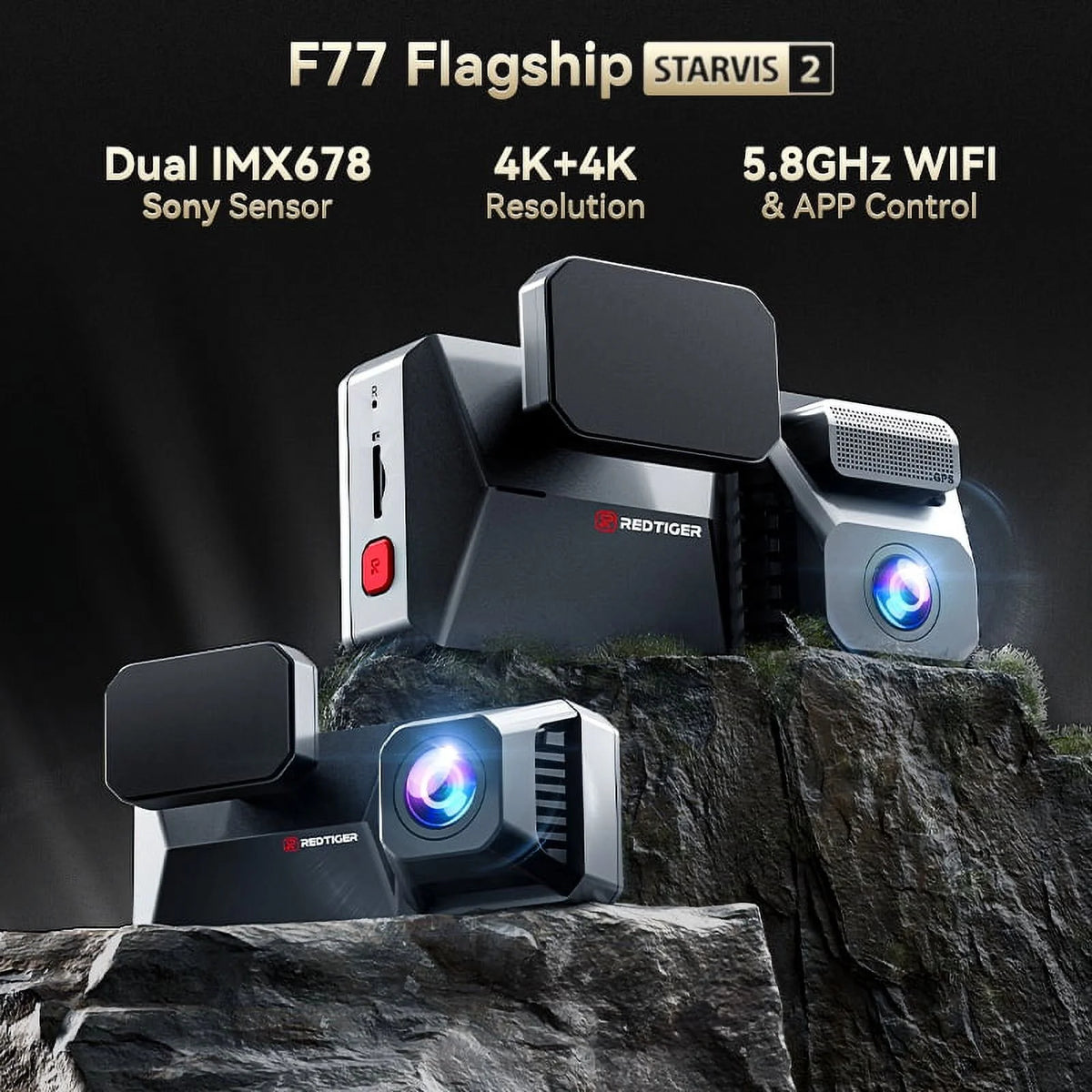 REDTIGER 4K UHD Dual IMX678 Dash Cam with Starvis 2 Night Vision, 128GB eMMC, 5.8GHz WIFI, GPS Tracking, Parking Monitor