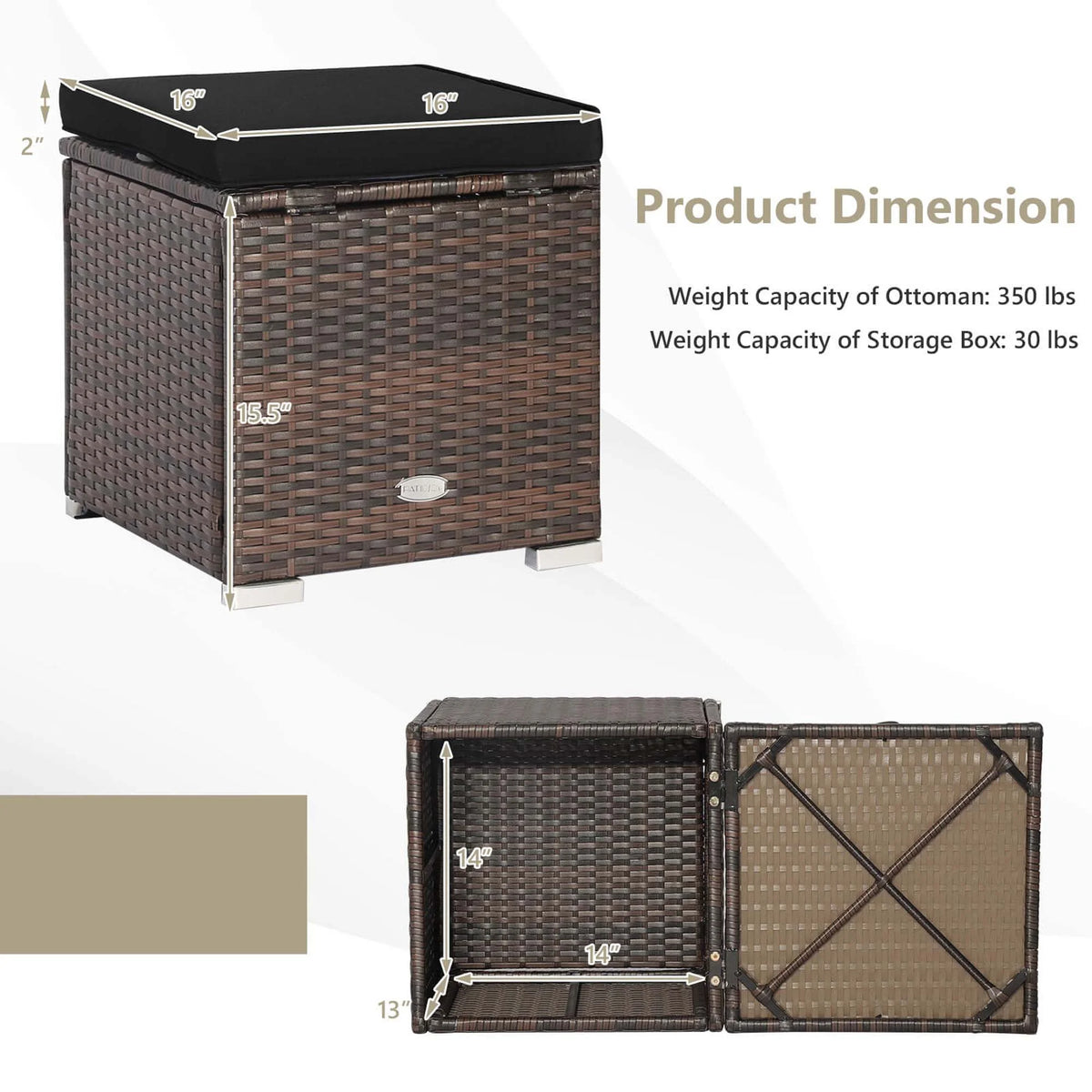 Costway 2PC Patio Rattan Ottoman Seat Side Table Storage Box Footrest Off White