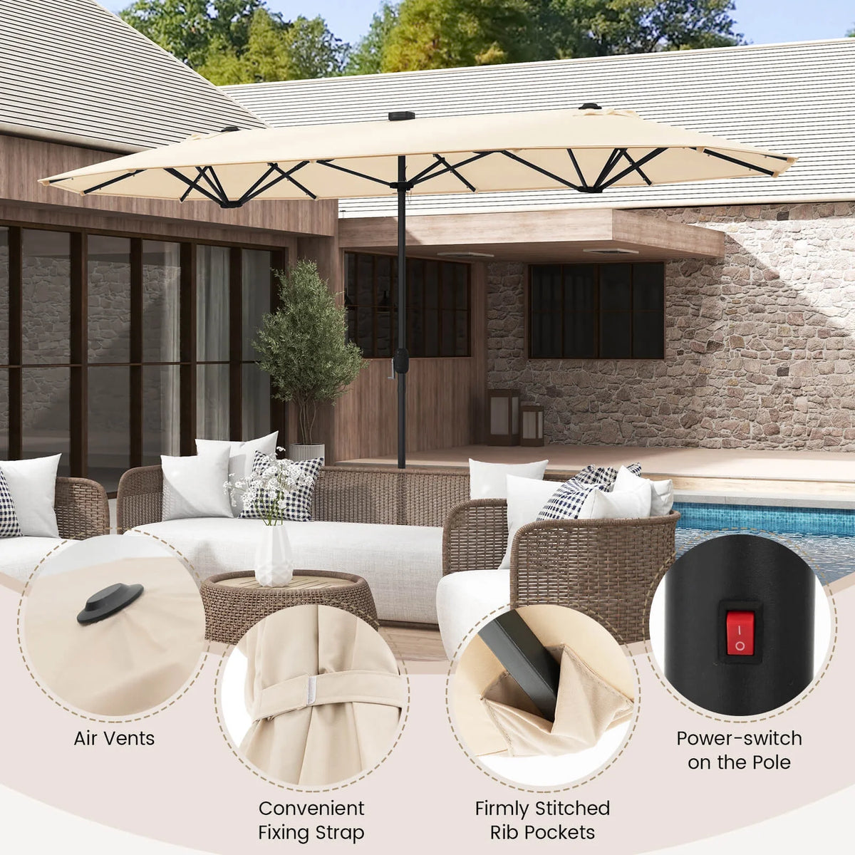 Costway 13ft Beige Rectangle Double-sided Patio Umbrella, Crank Lift
