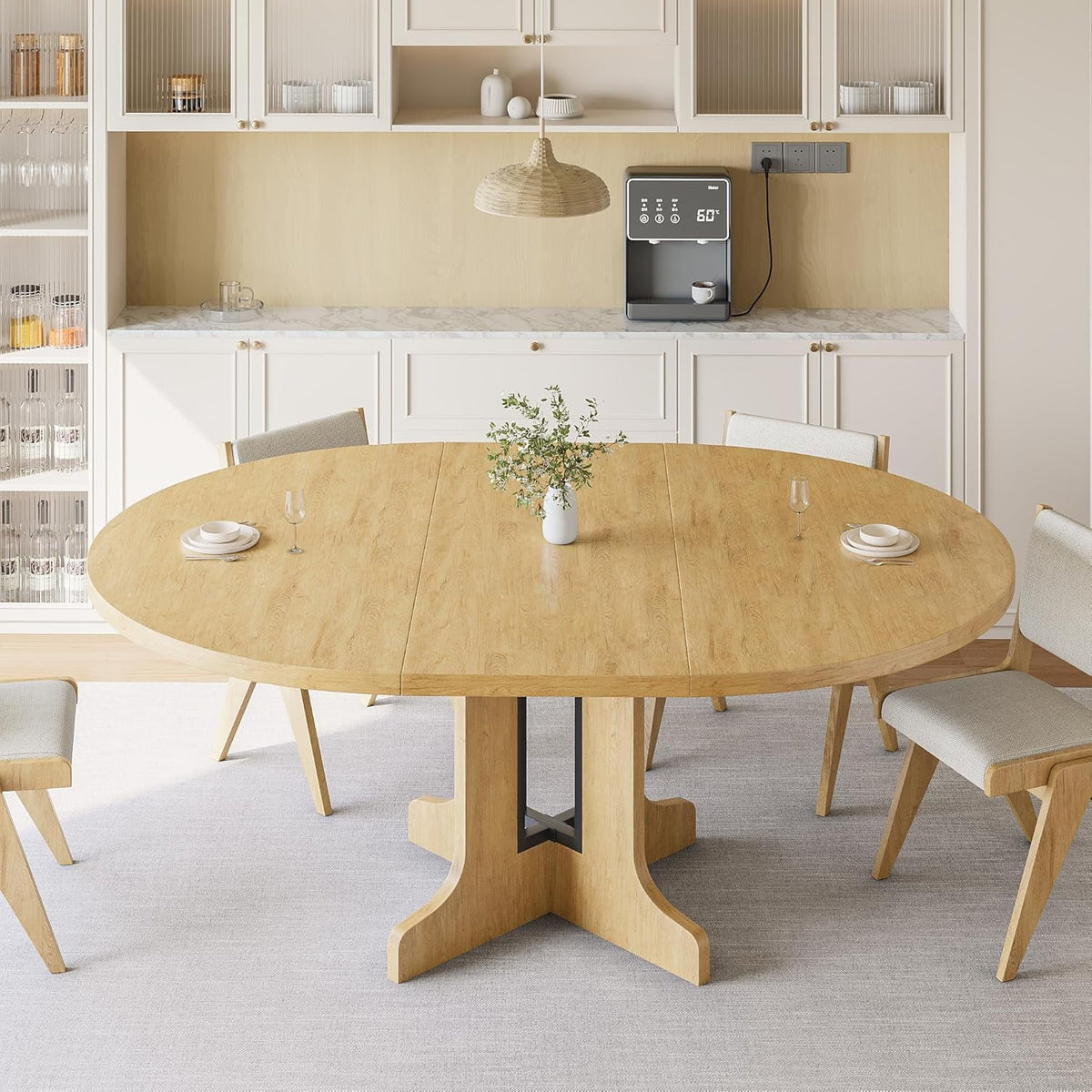 iPormis 59" Extendable Round Dining Table for 6, Modern Kitchen Table with Sturdy Wooden Base, Dining Room Table with Thickened MDF Board, Perfect for Small Space, Black