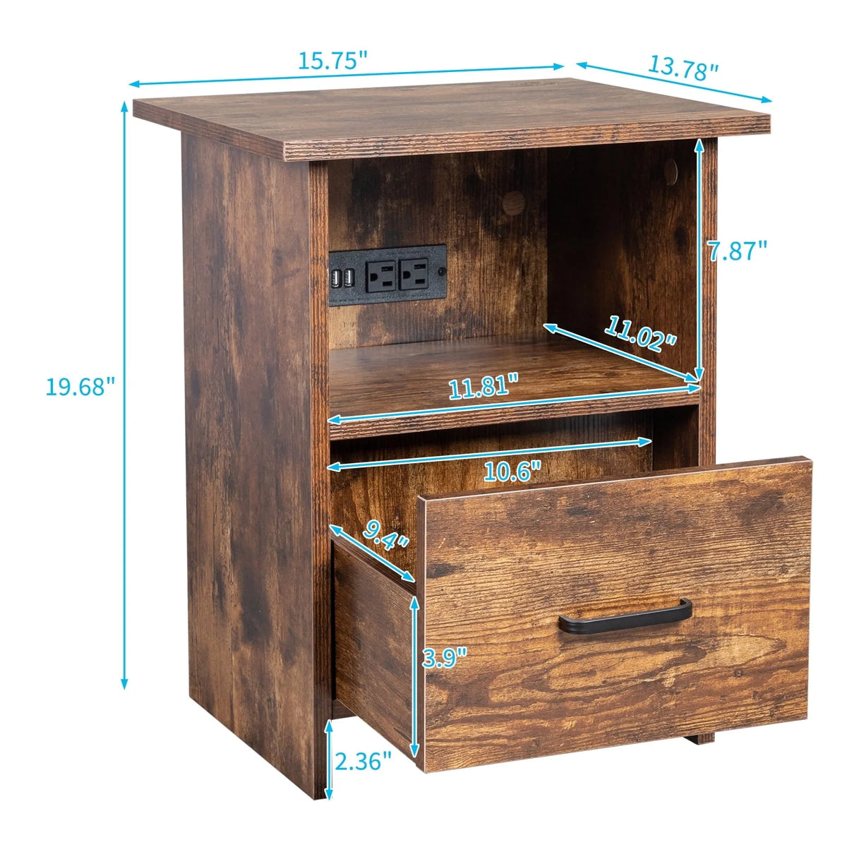 HQZX Vintage Nightstand with USB Socket,Bedside Table with 1 Drawer,Walnut,Adult