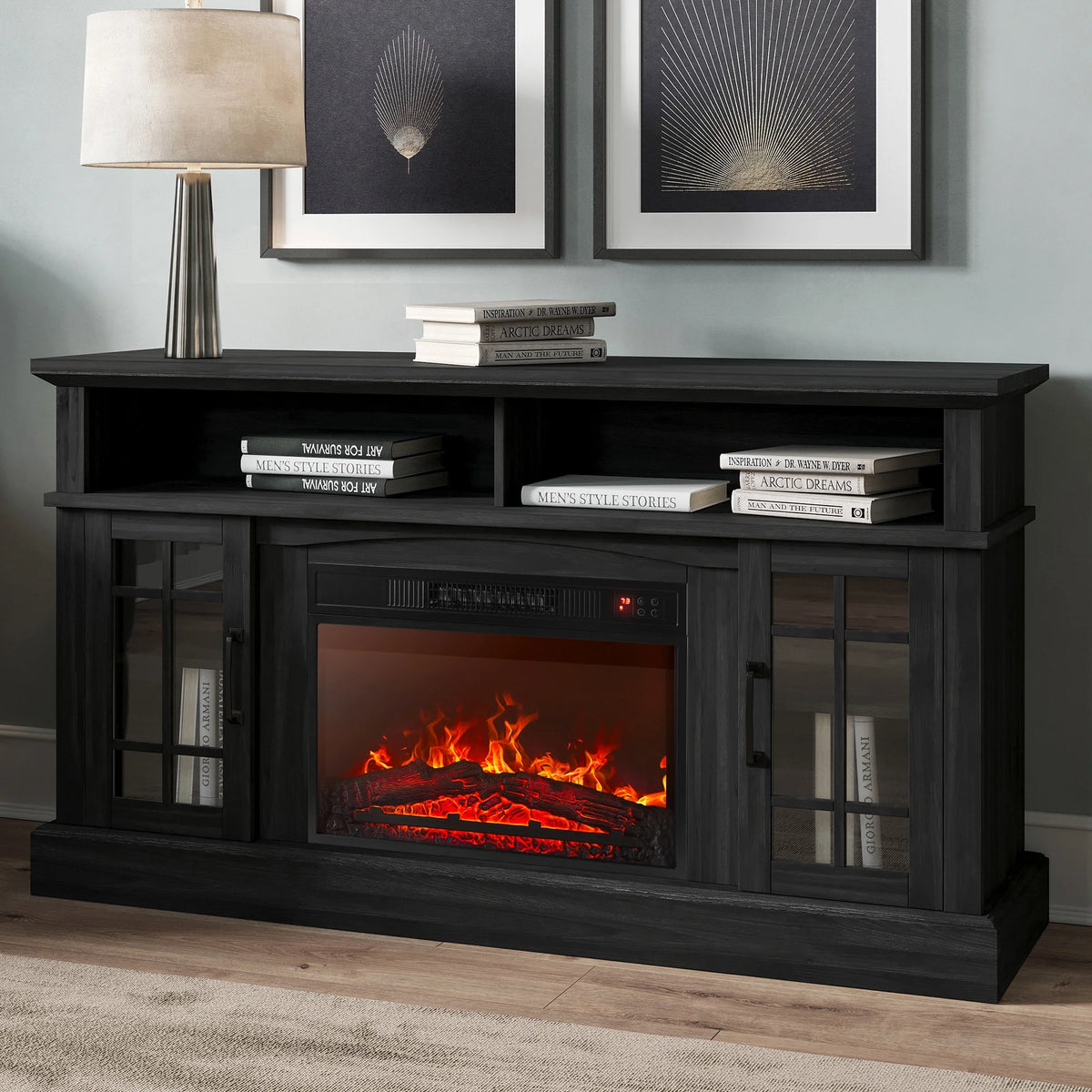 BELLEZE 58" TV Stand with 23" Electric Fireplace, Fireplace TV Console for TVs up to 65", Home Entertainment Center with Storage Cabinet and Adjustable Shelves - Astorga (Gray Wash)