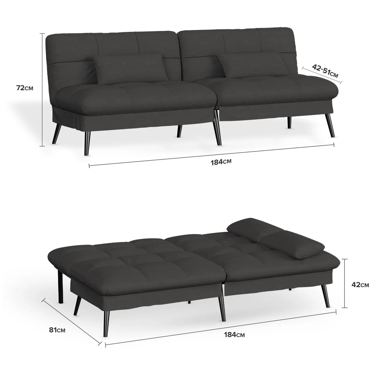 Futon Sofa Bed 73�� W Large Size Fabric Futon Couch with Adjustable Backrest Folding Futon Sleeper Recliner,Black
