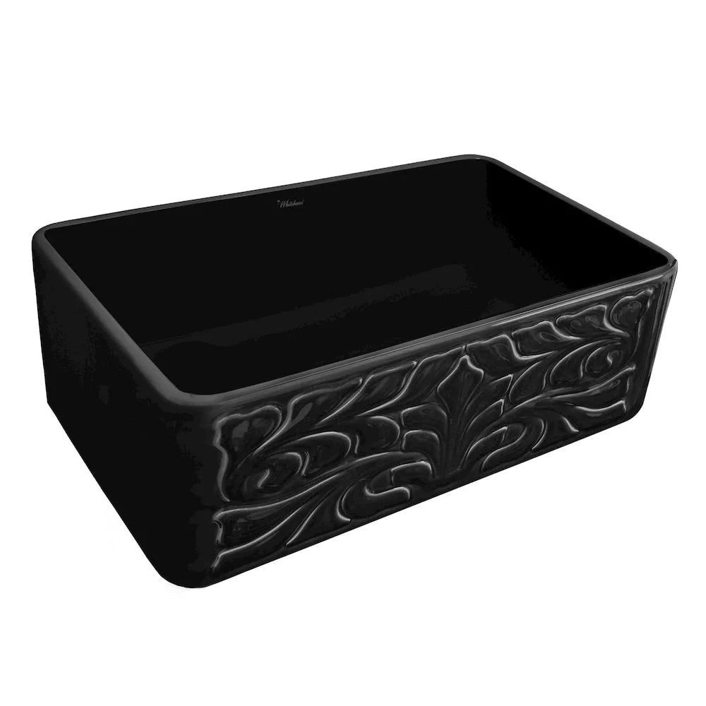 Farmhaus Fireclay Reversible Sink with a Gothichaus Swirl Design Front Apron on One Side, and a Fluted Front Apron on the Opposite Side.