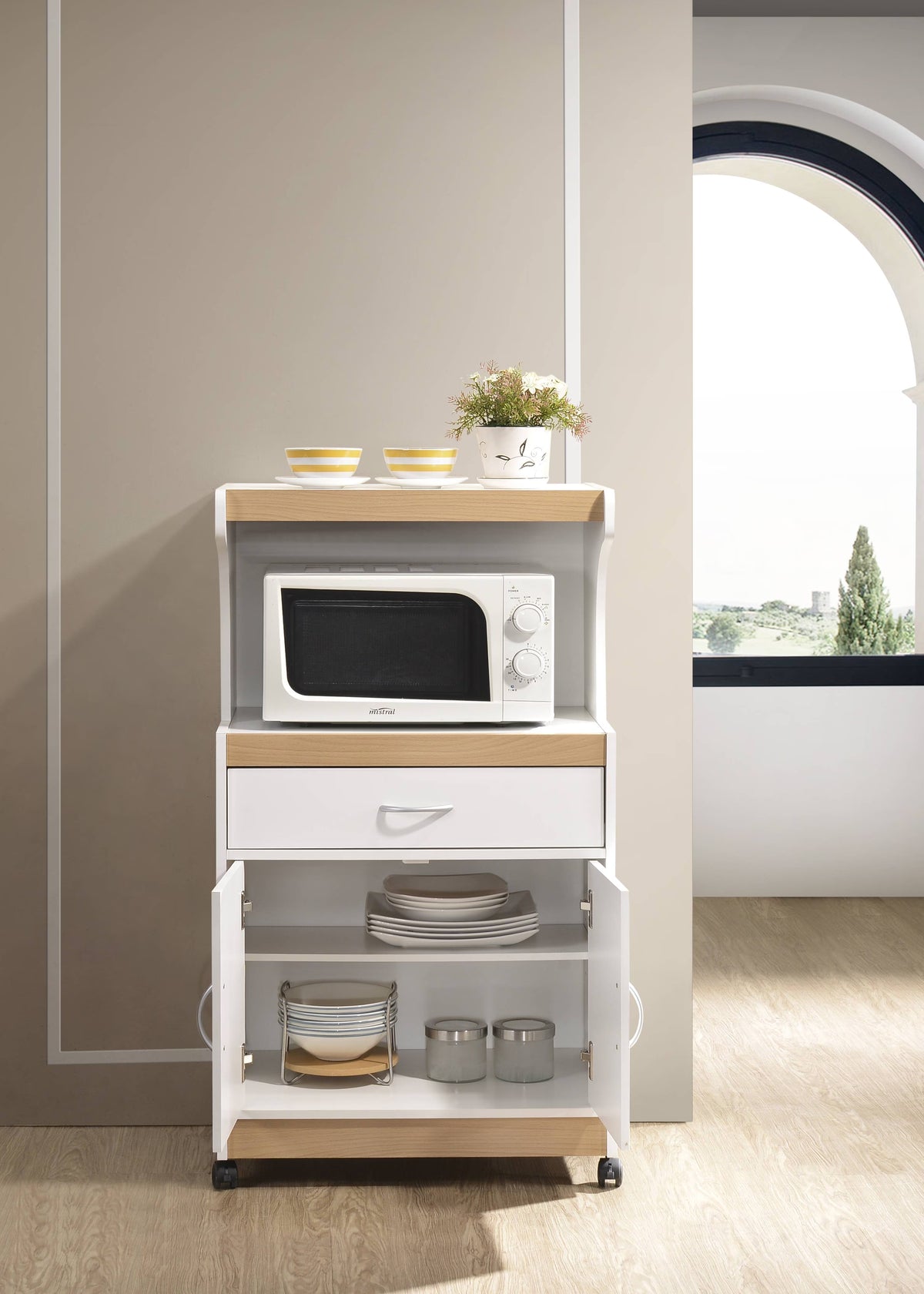 Hodedah Microwave Contemporary Wooden Kitchen Cart in Cherry Finish