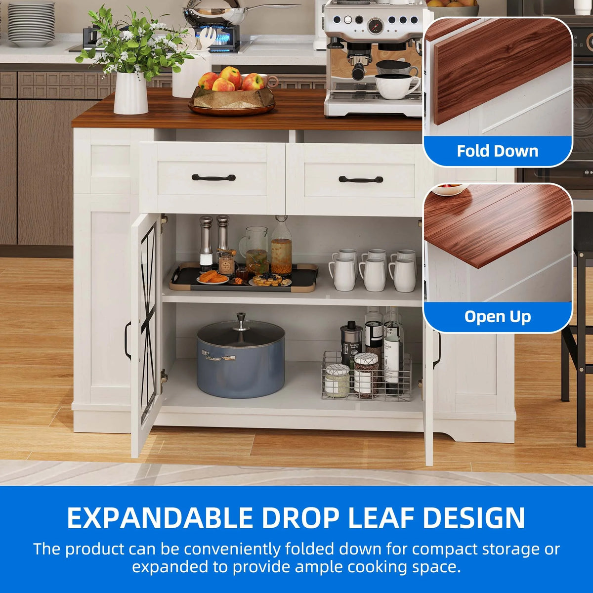 DEXTRUS Kitchen Island with Seating & Drop Leaf, Kitchen Island on Wheels with Doors & Drawers, White