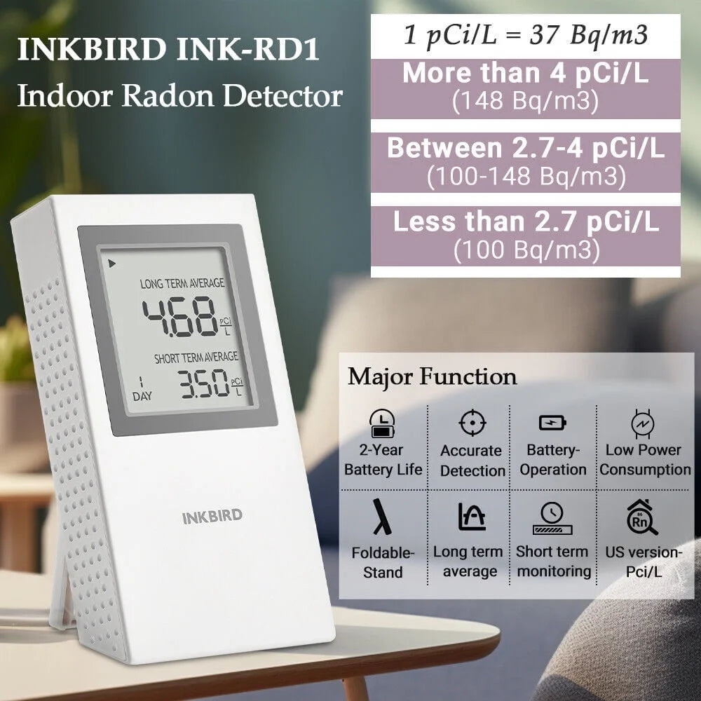 Inkird Home Radon Detector, Portable Radon Meter, Short-Term and Long-Term Accurate  Monitoring 2-Year Battery,White
