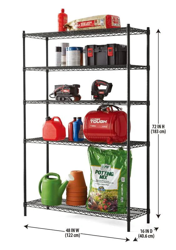 Hyper Tough Wire 5-Tier Storage Shelf Unit 72"H x 48"W x 16"D, 3000lb Total Capacity, Black