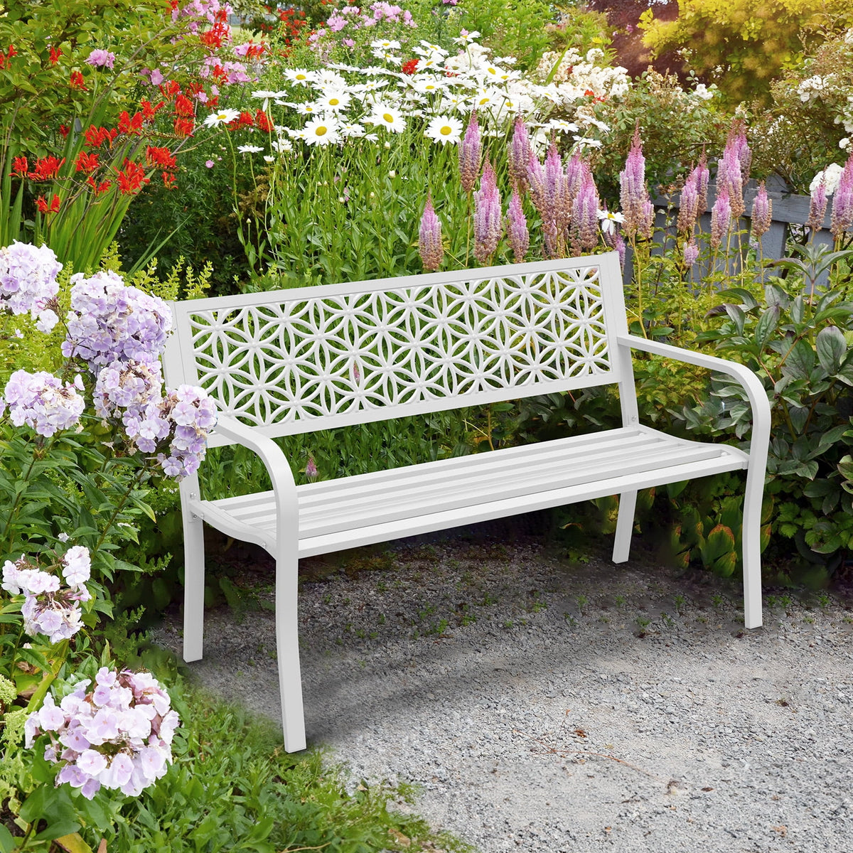 Ktaxon Outdoor Bench, Mental Bench with Floral Back, 2-Person Garden Bench for Outside Yard Patio Entryway Park Porch, 800LBS, White