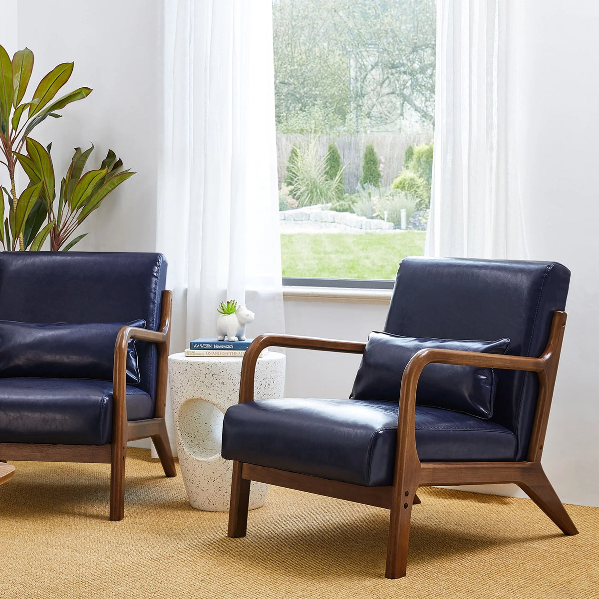 Glitzhome Mid Century Solid Wood Frame Accent Chair Modern Leather Lazy Chair