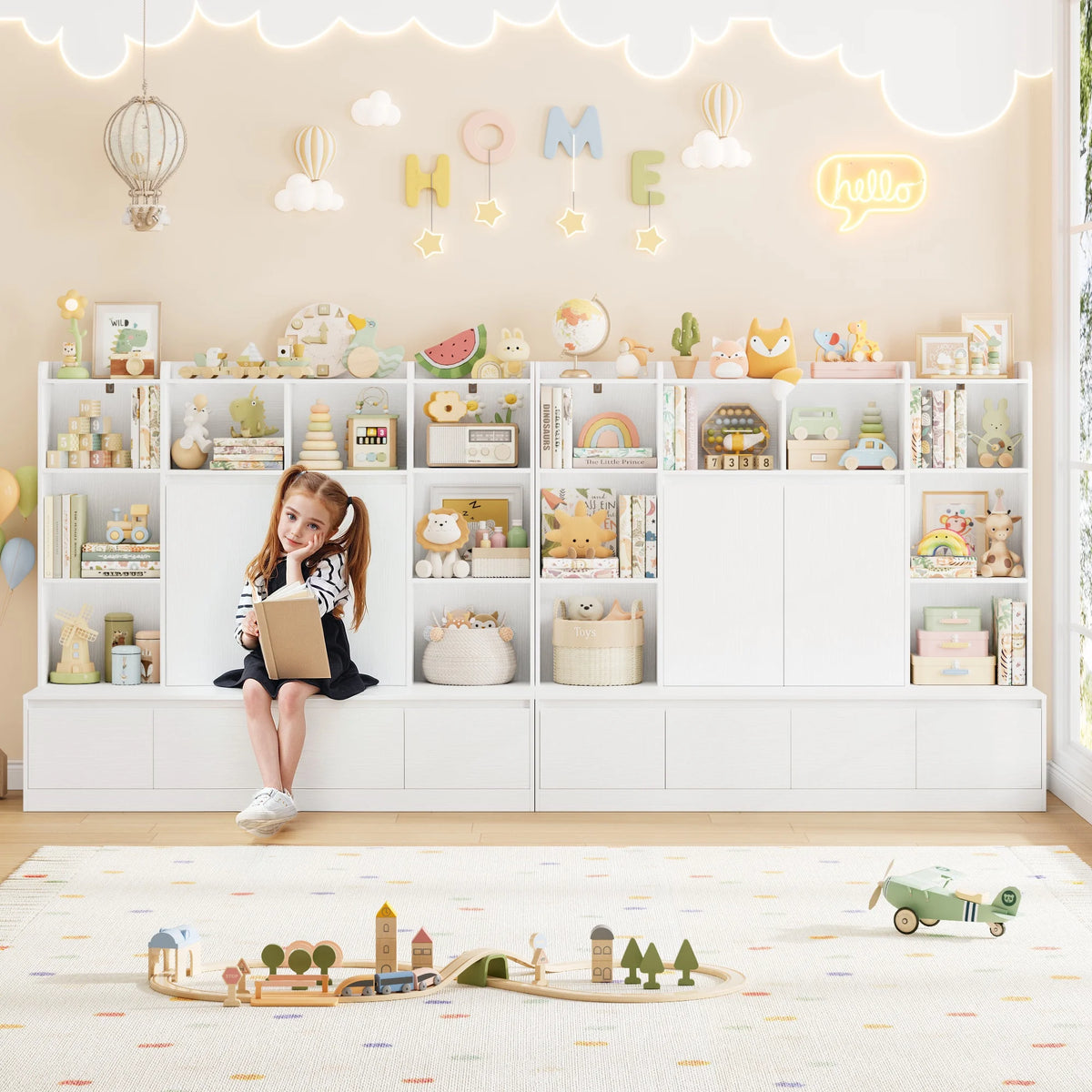 Homfa 10 Cubes Kids Toy Storage Organizer, 4 Drawers Kids Bookcase and Bookshelf with Doors & Adjustable Shelves for Playroom Kids Room, White
