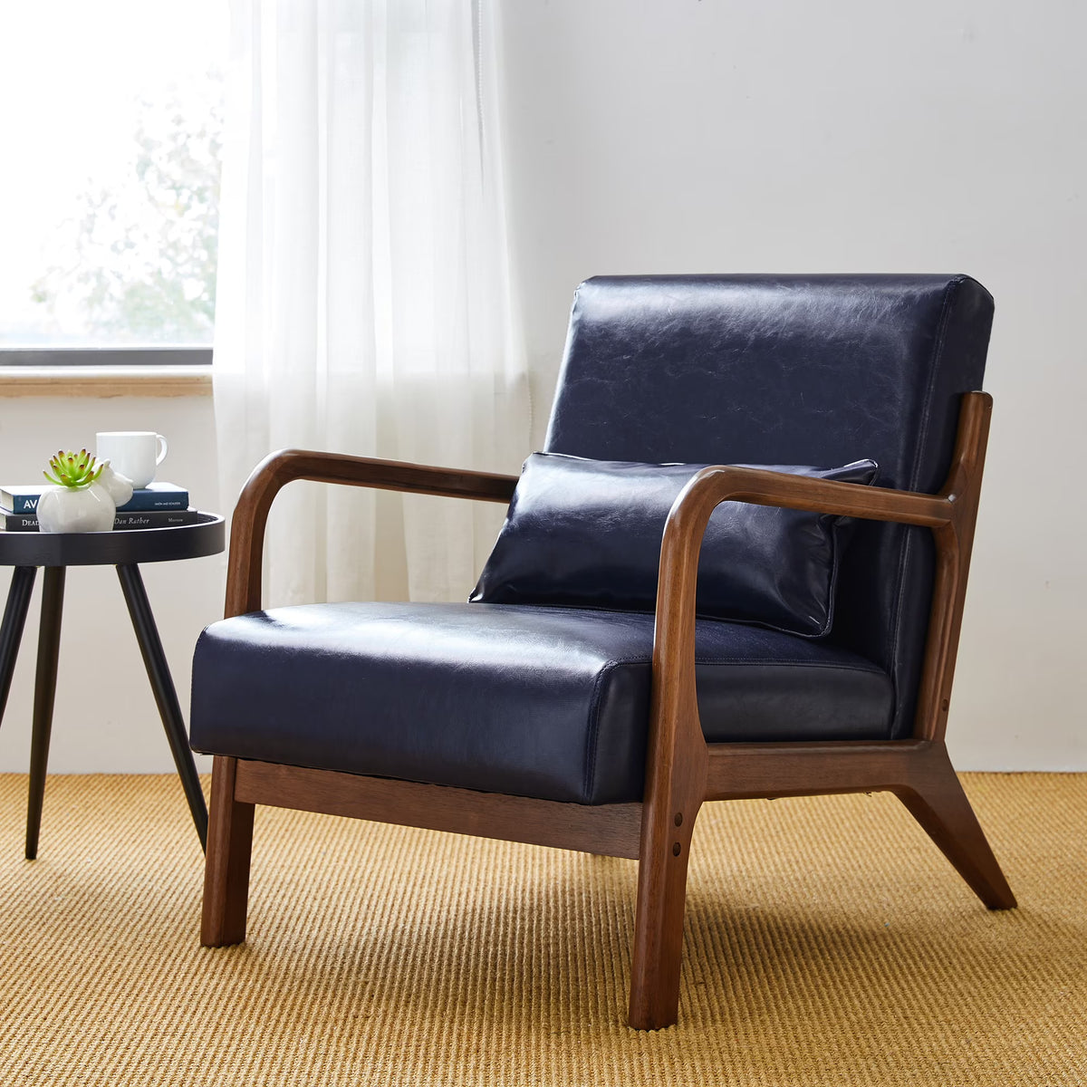 Glitzhome Mid Century Solid Wood Frame Accent Chair Modern Leather Lazy Chair