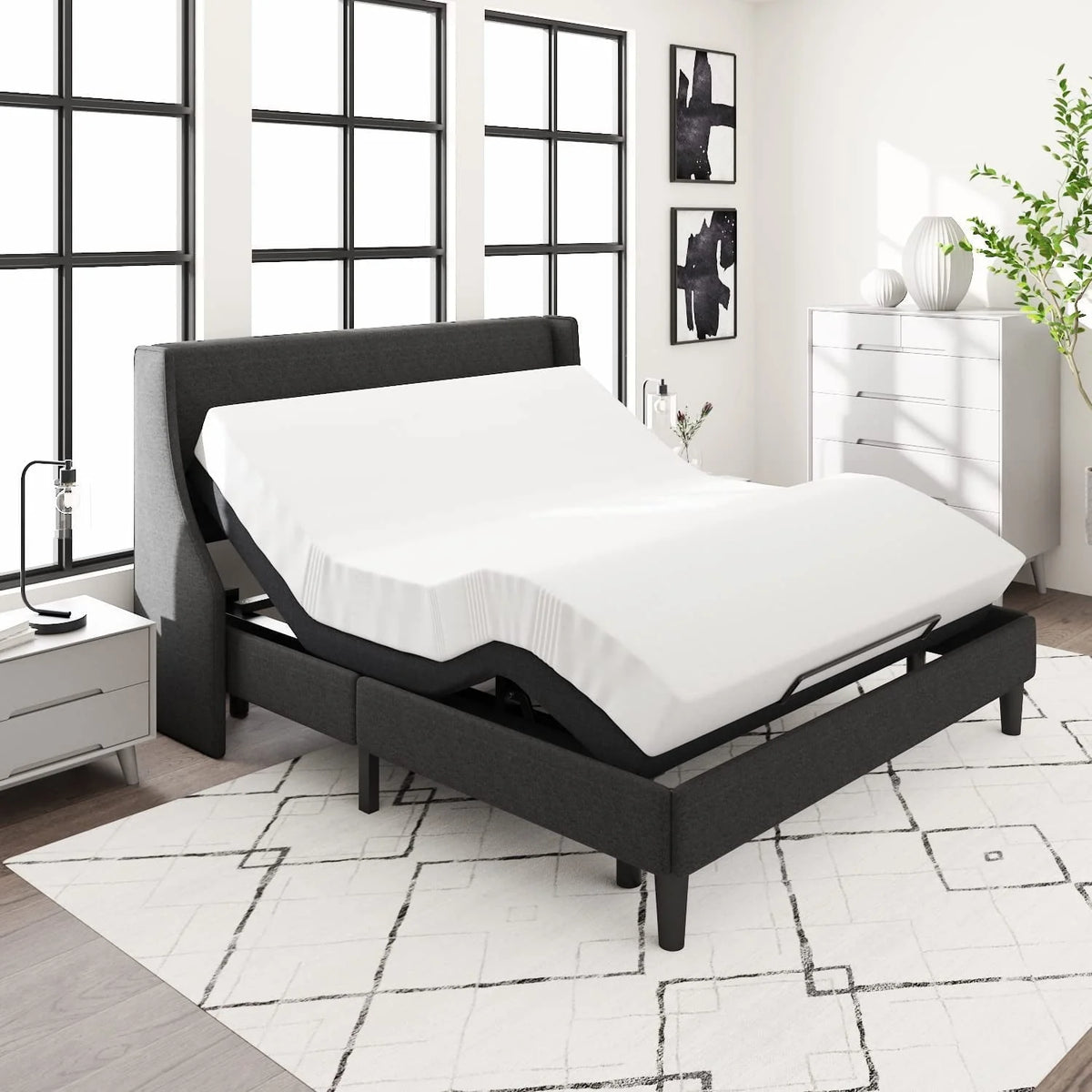Allewie King Adjustable Bed Base Frame with New Generation Motor, Wireless Remote, Upholstered
