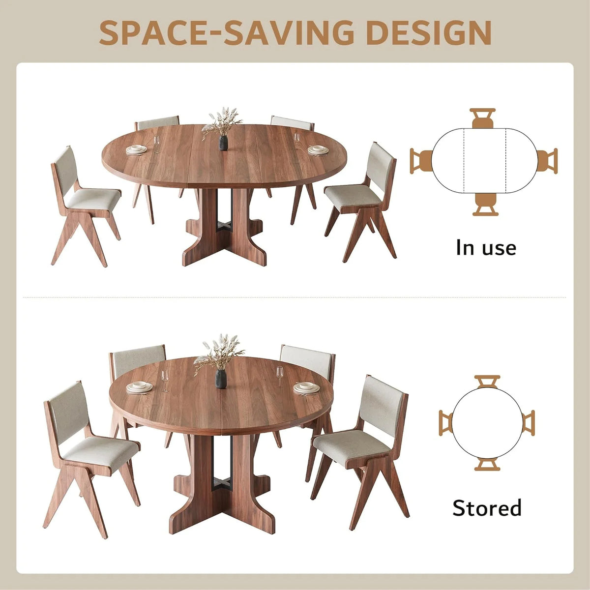 iPormis 59" Extendable Round Dining Table for 6, Modern Kitchen Table with Sturdy Wooden Base, Dining Room Table with Thickened MDF Board, Perfect for Small Space, Black