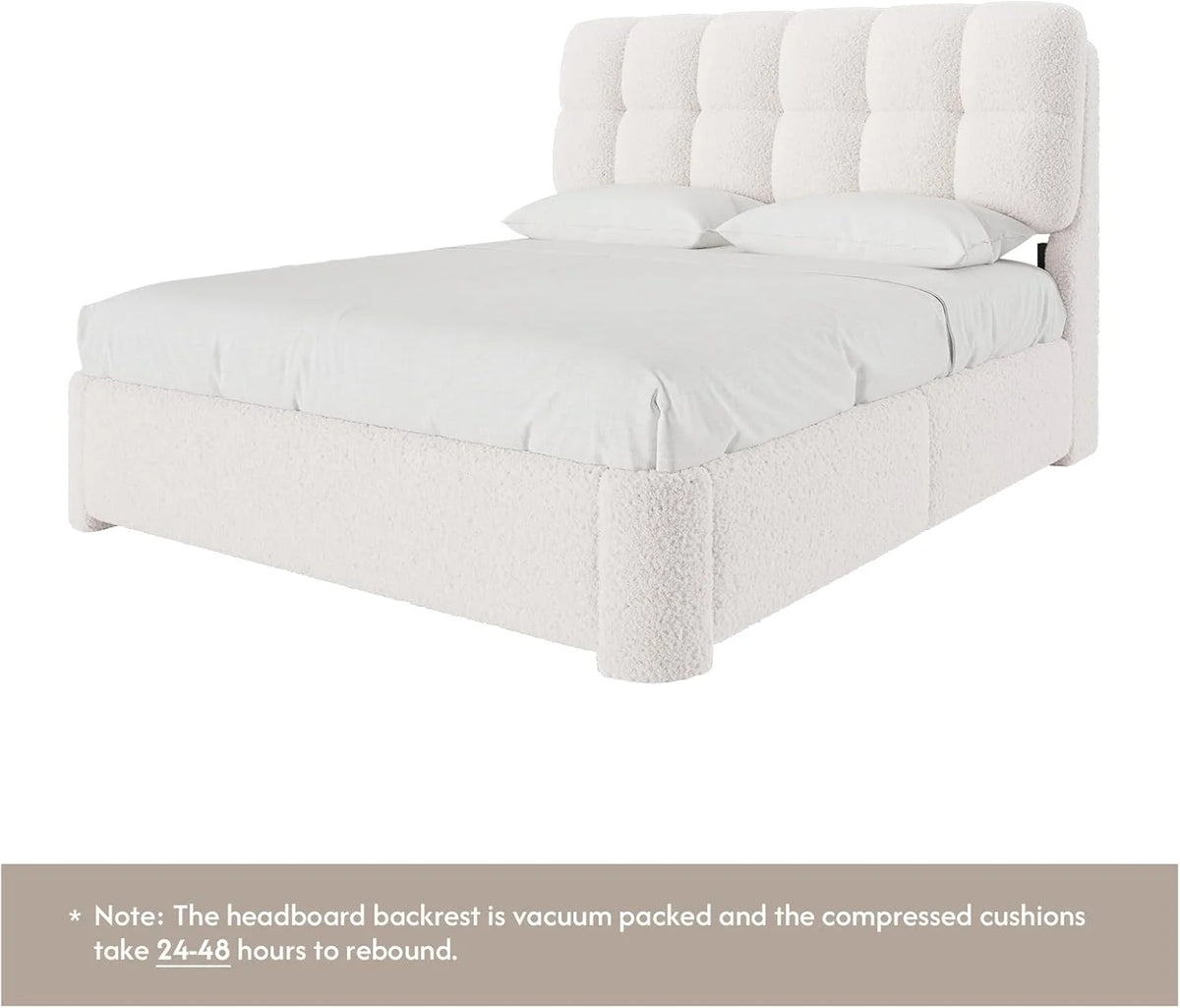 Upholstered Bed Frame Queen Size with Headboard, Modern Soft Cloud Queen Platform Bed for Bedroom, No Box Spring Needed, White