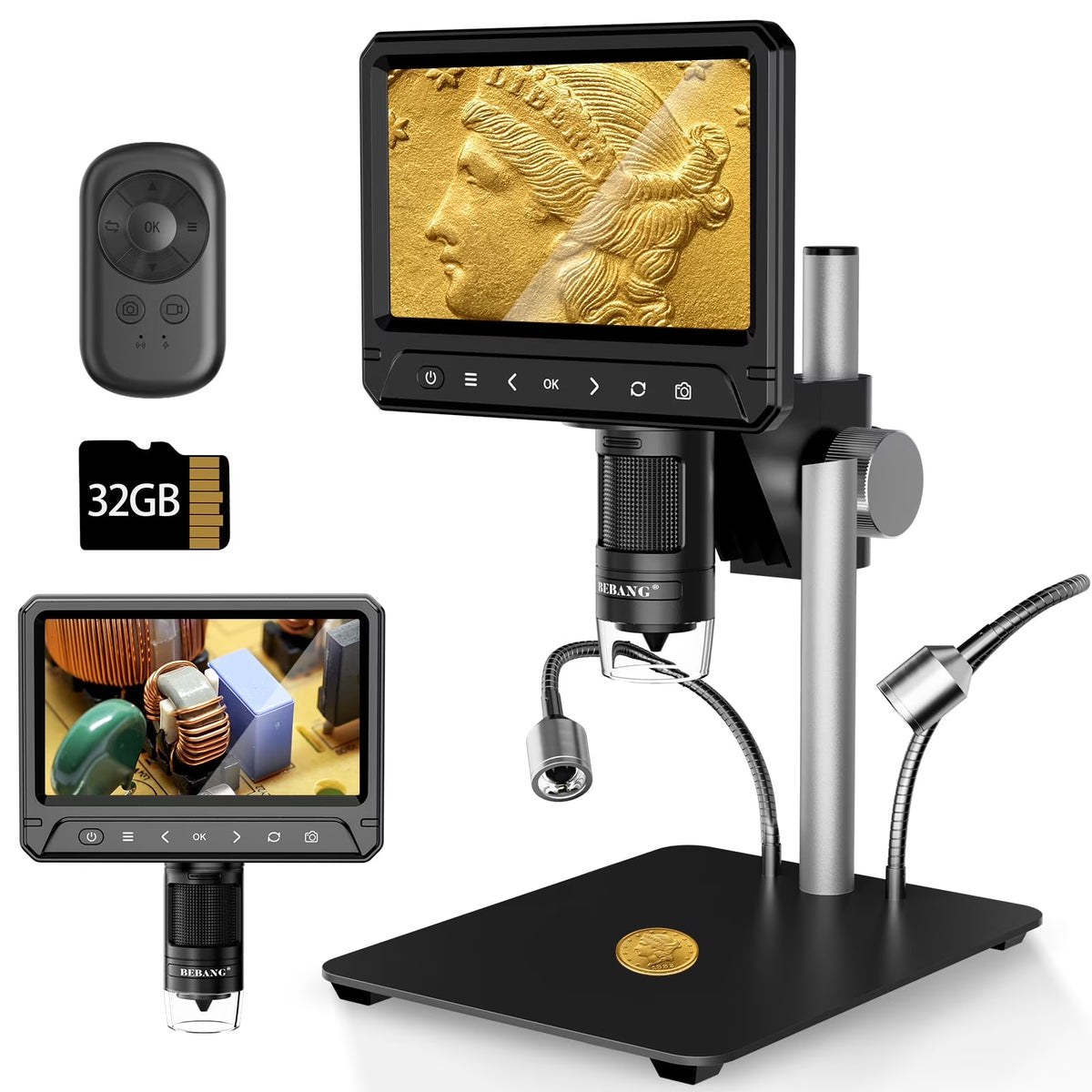 BEBANG 7" Coin Microscope for Adults, 1200X LCD Digital Microscope with 8 Adjustable LED Lights, 2 Flexible Side Lights, PC View Compatible with  Windows, iOS, 32GB