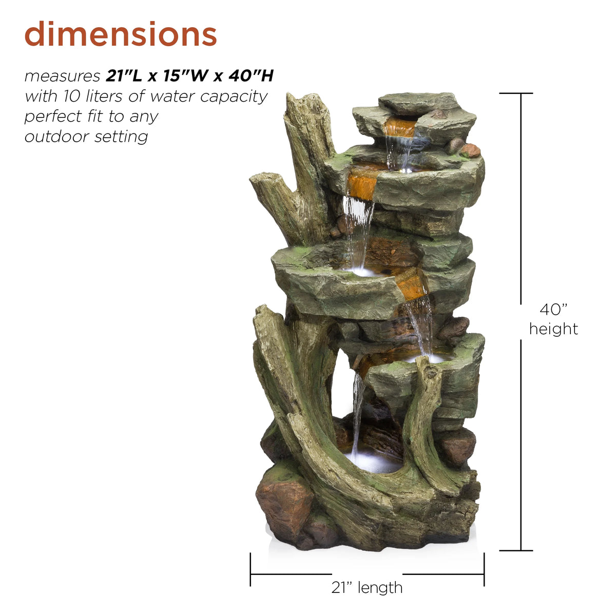 Alpine 39" Outdoor Multi-Tier Stone Tower Waterfall Electric Fountain with LED Lights