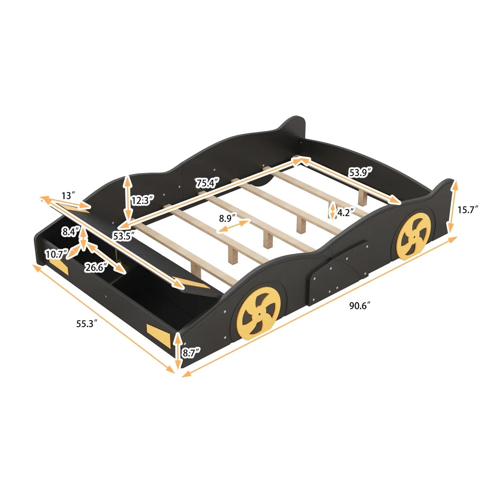 Full Size Modern Race Car-Shaped Platform Bed with Wheels and Storage, Solid Wood Platform Bed Frame with Sturdy Slat Support for Kids, Boys, Girls(Dark Blue)