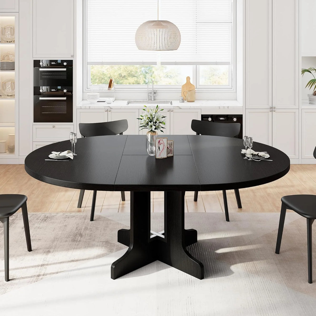 iPormis 59" Extendable Round Dining Table for 6, Modern Kitchen Table with Sturdy Wooden Base, Dining Room Table with Thickened MDF Board, Perfect for Small Space, Black