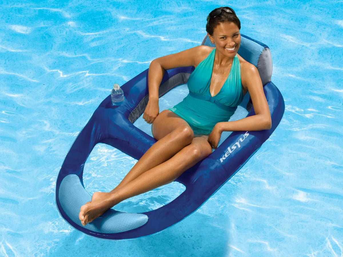 Kelsyus Floating Pool Lounger Inflatable Chair w/ Cup Holder Blue (2 Pack) 80014