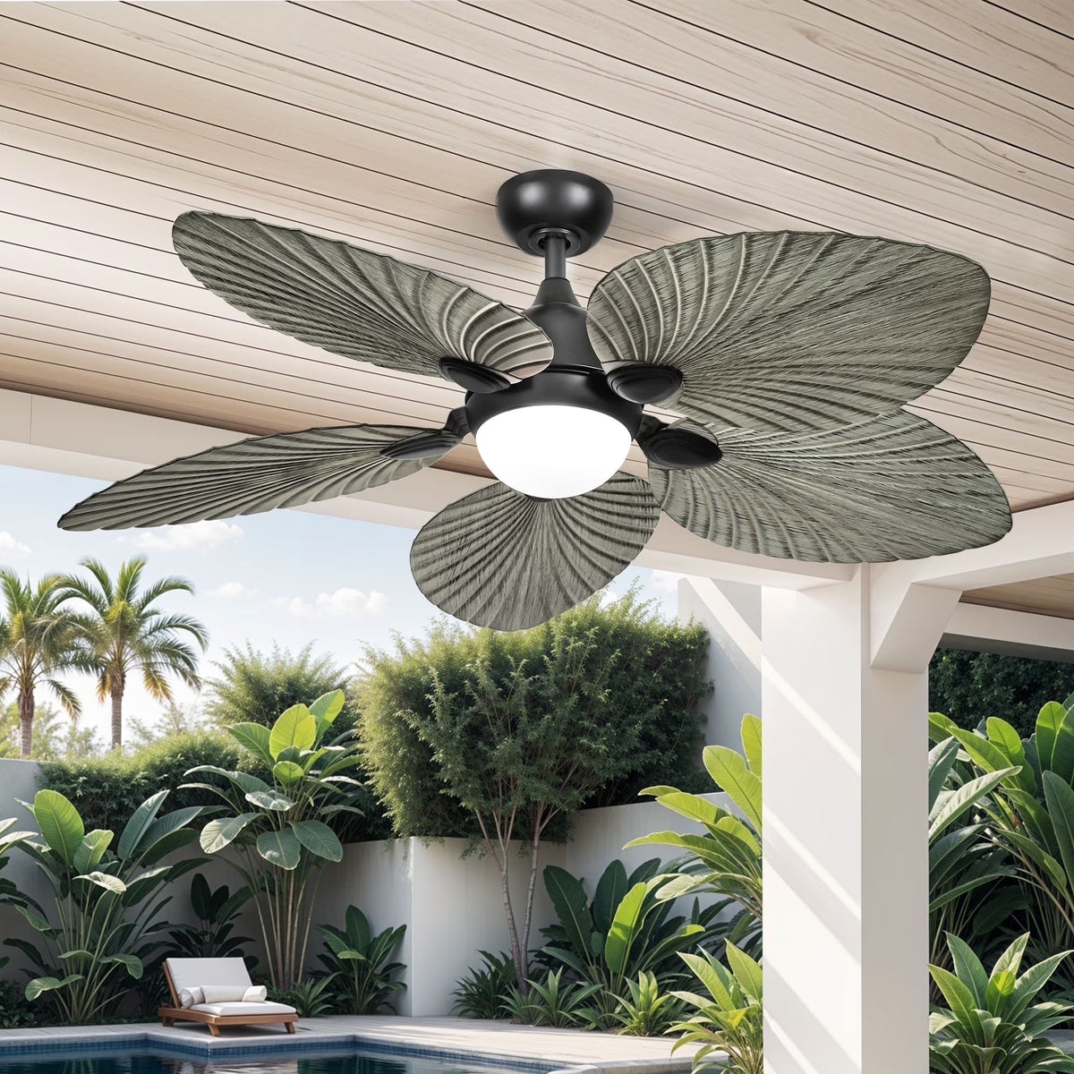 ModFusion 52" Gray Black Coastal Ceiling Fan with Palm Leaf Blades, LED Light & Remote �C Quiet Reversible DC Motor Indoor/Outdoor