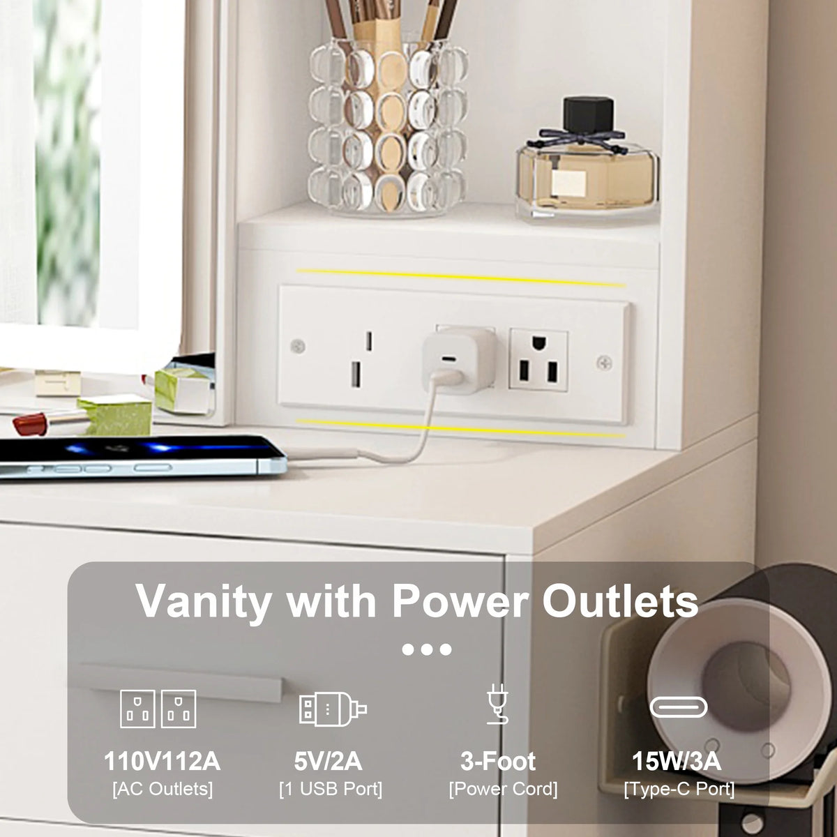 Aukfa Makeup Vanity Set with Power Outlet, Mirror & Adjustable LED Lights for Small Bedroom,White
