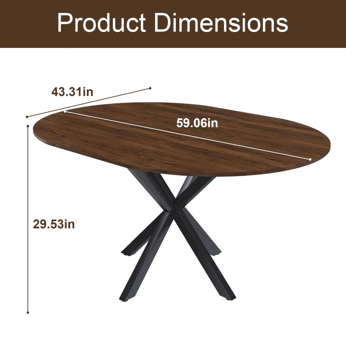 42"-59" Extendable Dining Table, Farmhouse Oval Kitchen Table with Removable Leaves and Metal Legs Support for Living Room, Walnut