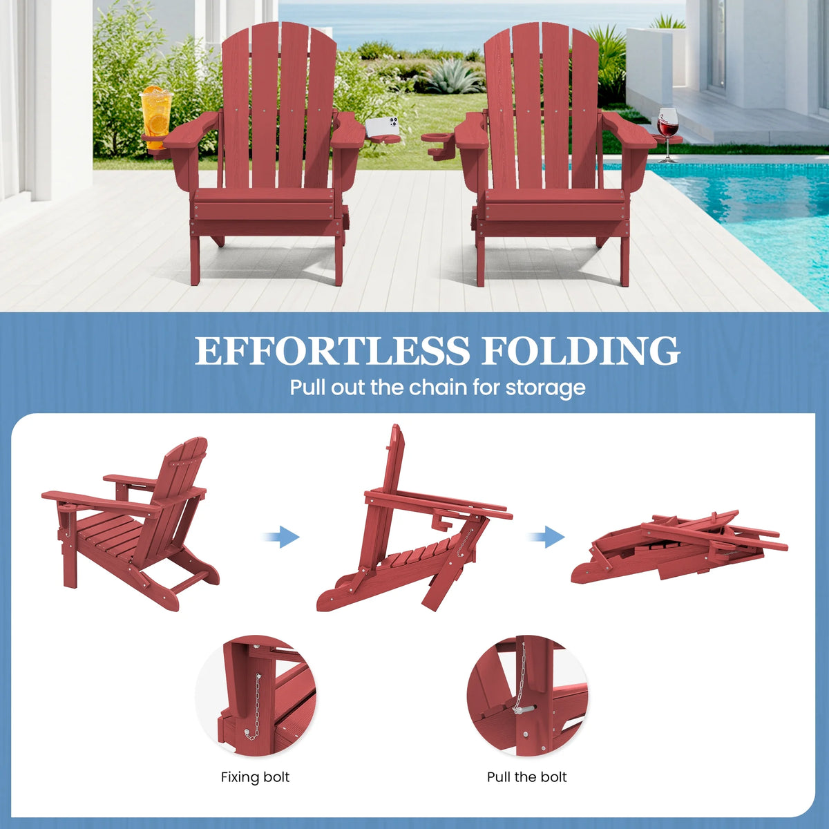 SERWALL Folding Adirondack Chair Set with Dual Cup Holders & Phone Holder, All-Weather HDPE Fire Pit Chairs for Outdoor, Patio, Poolside, Garden - Black